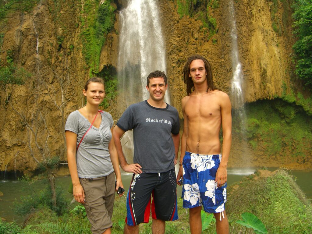 Stina, Hank, and Christian in front of one tier of Thee Lo Su, Thailand's largest waterfall