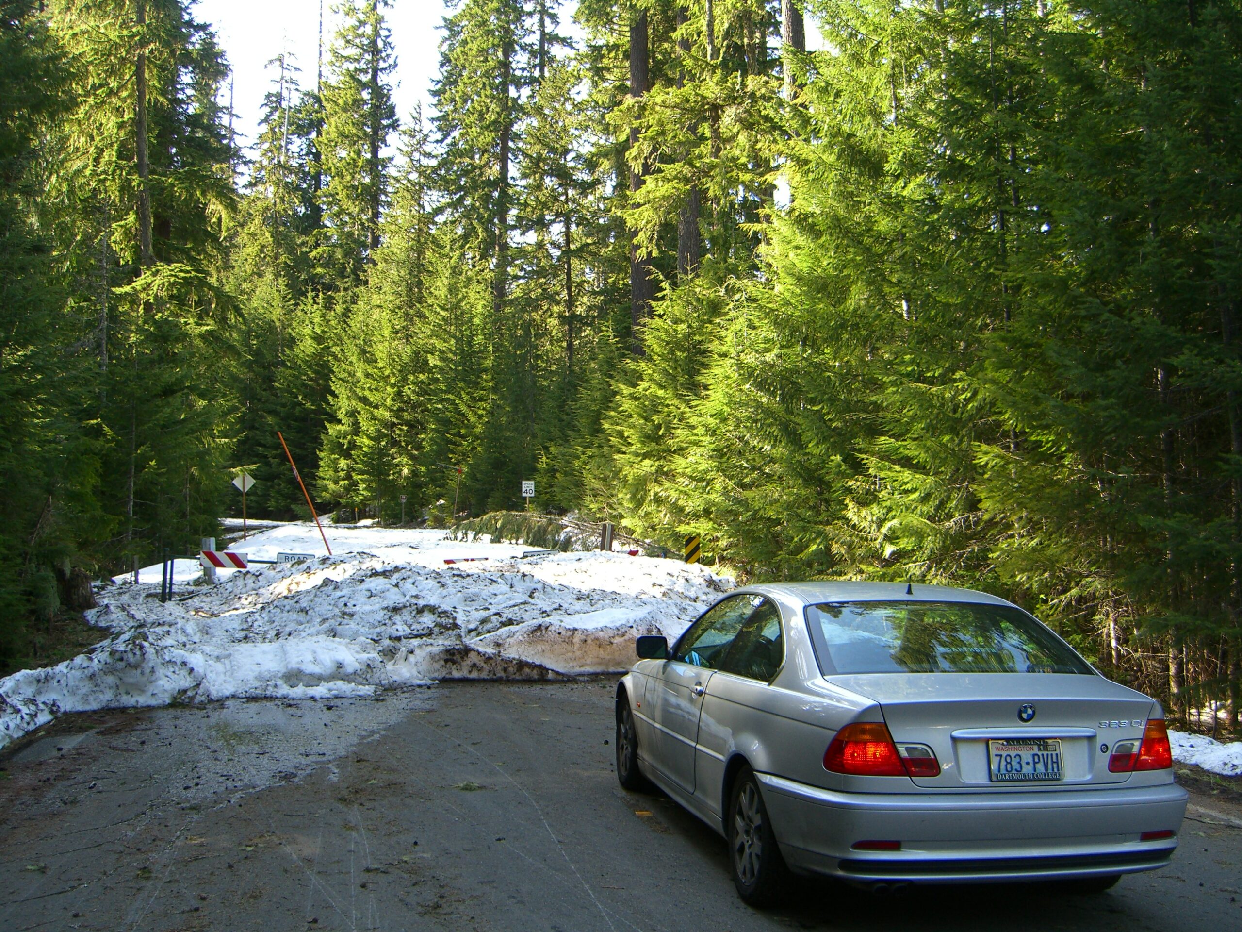 My car sits, terrified, in front of a snowdrift in the Gifford Pinchot National Forest