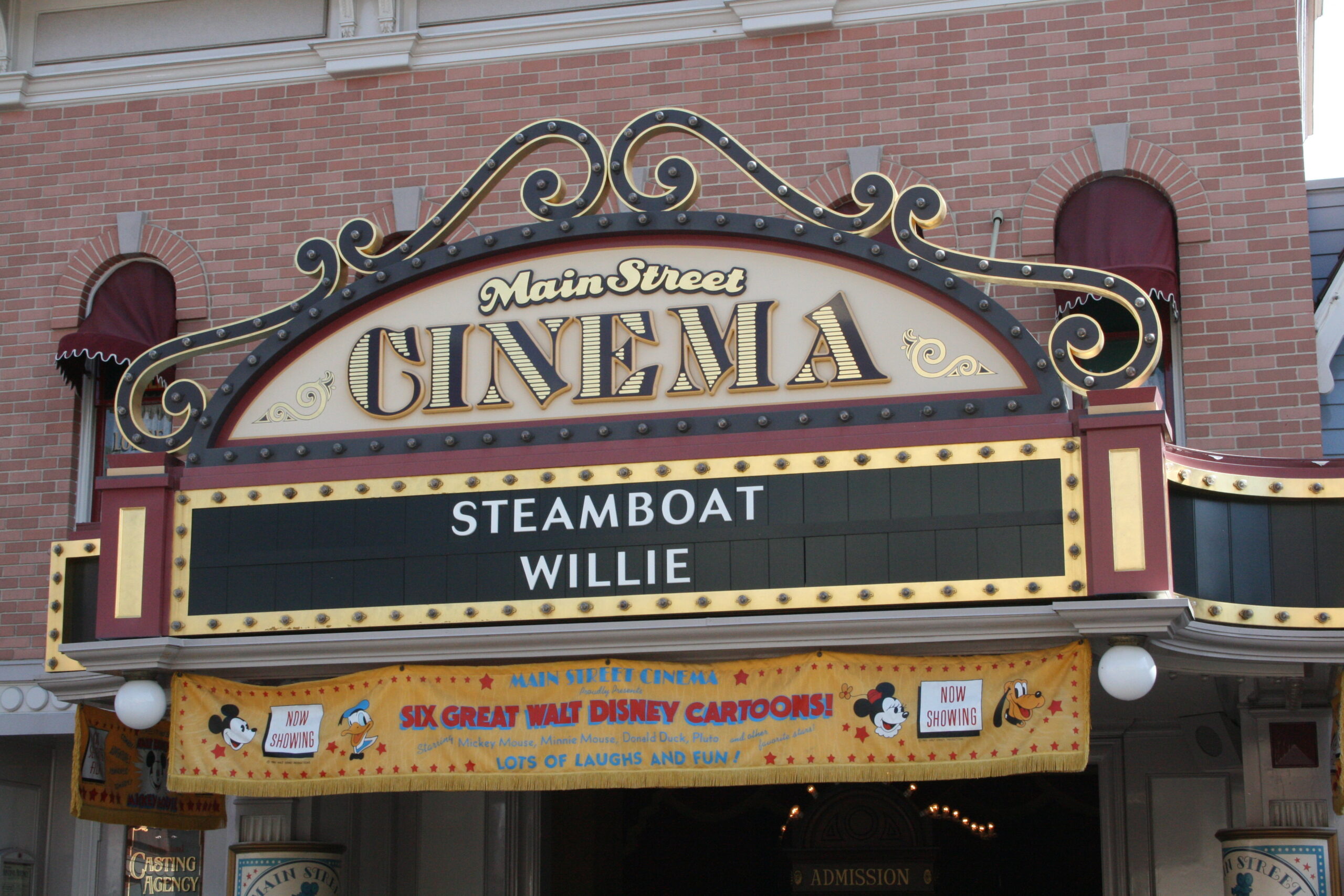 Steamboat Willie, the first Mickey Mouse cartoon with sound, can be seen at the Main Street Cinema in Disneyland.