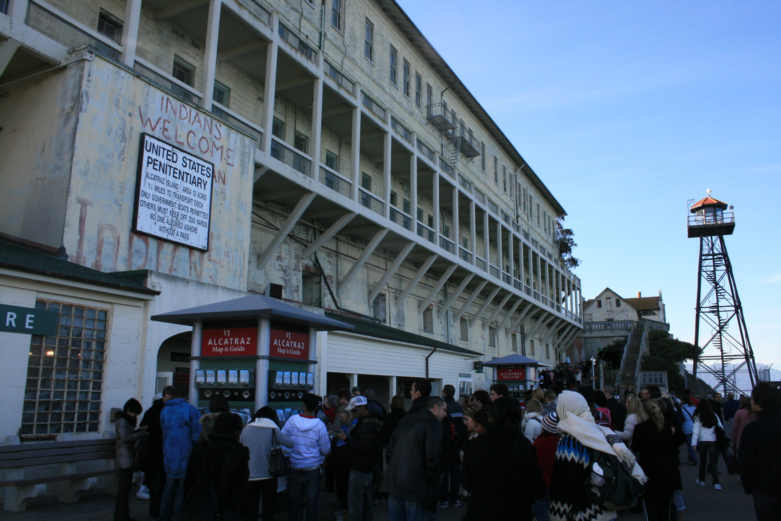 A sign welcomes tourists to Alcatraz off the coast of San Francisco, Calif.