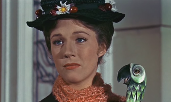 Mary Poppins looks depressed before she flies into the sky using her umbrella.