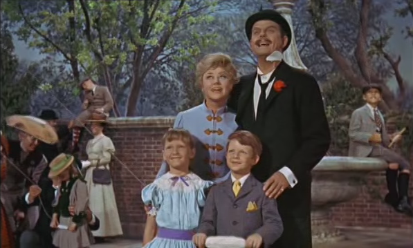 The Banks family looks happy when flying a kite in Mary Poppins.