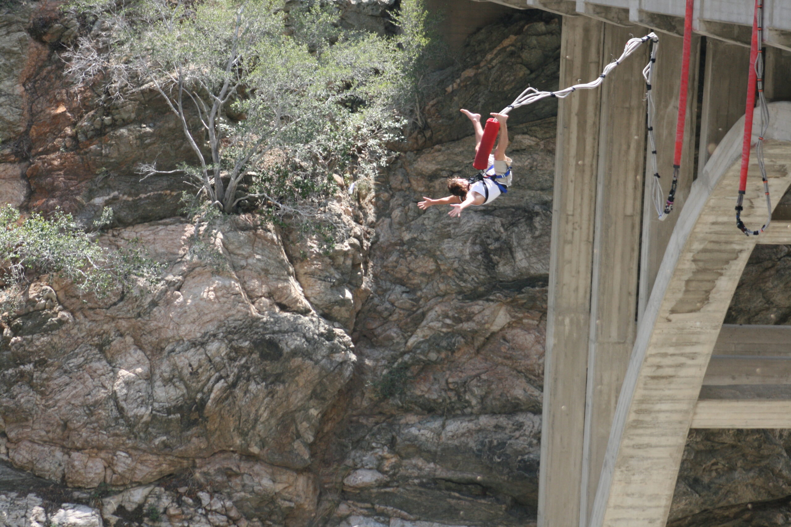 A bungee jumper flips off the Bridge to Nowhere.