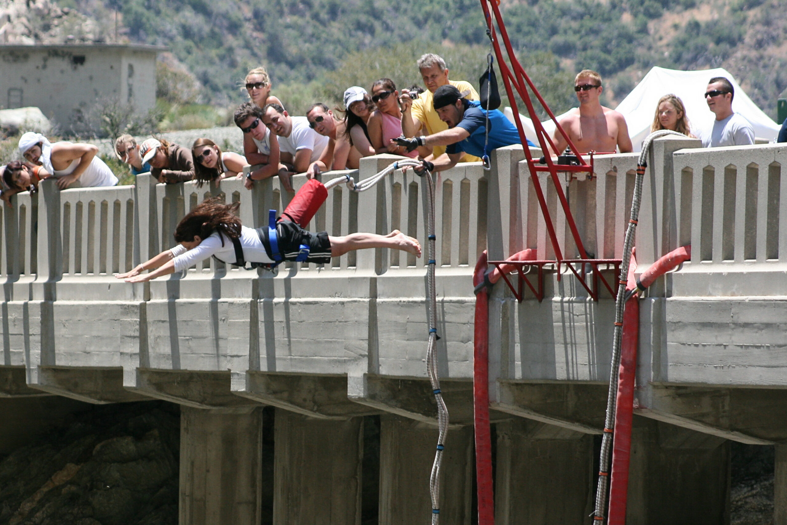 A thrillseeker dives off the Bridge to Nowhere in the San Gabriel Mountains.