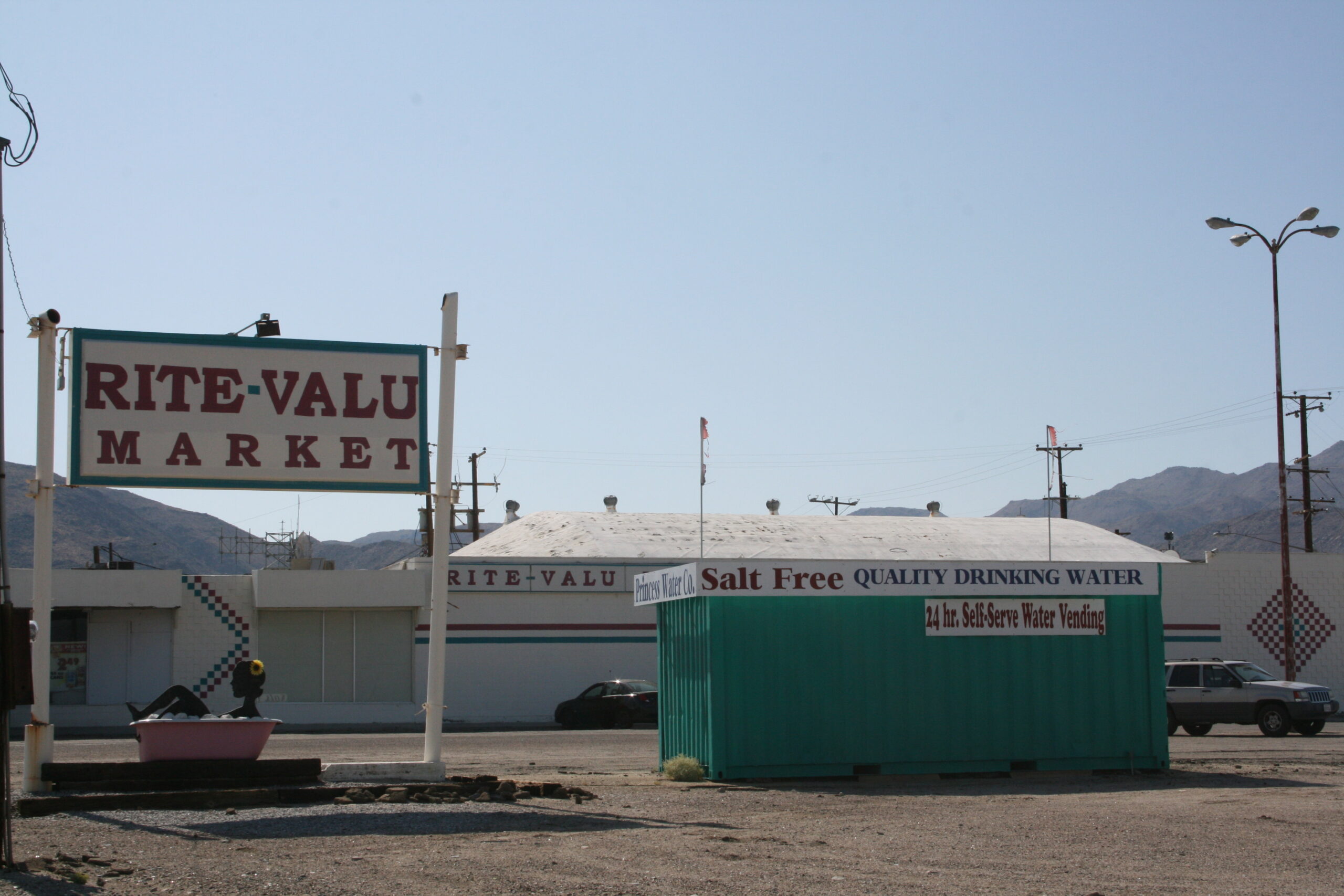 Trona's Rite-Valu Market advertises salt free drinking water.