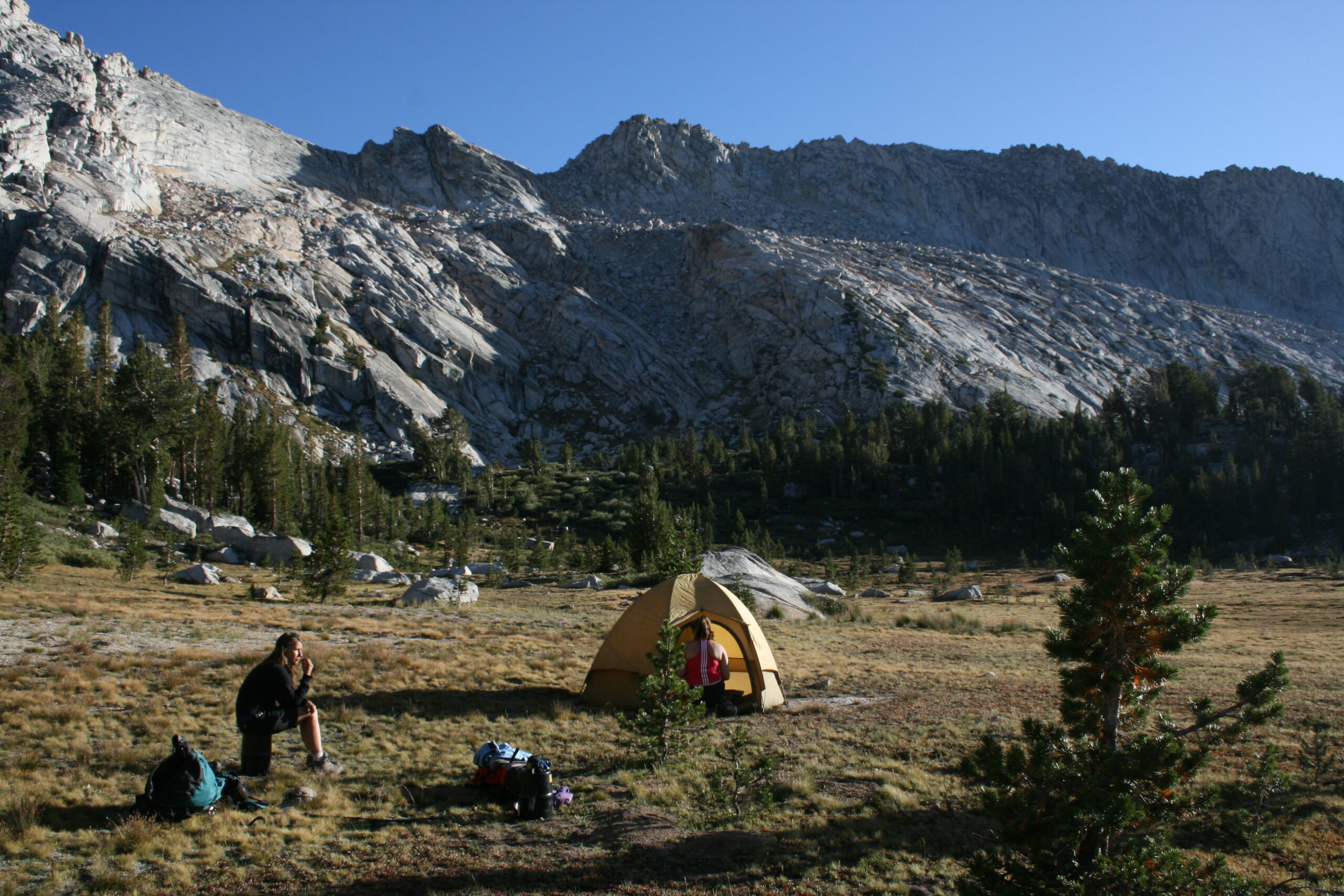 Wini, Wendy with tent in Tuolumne Meadows at Young Lakes