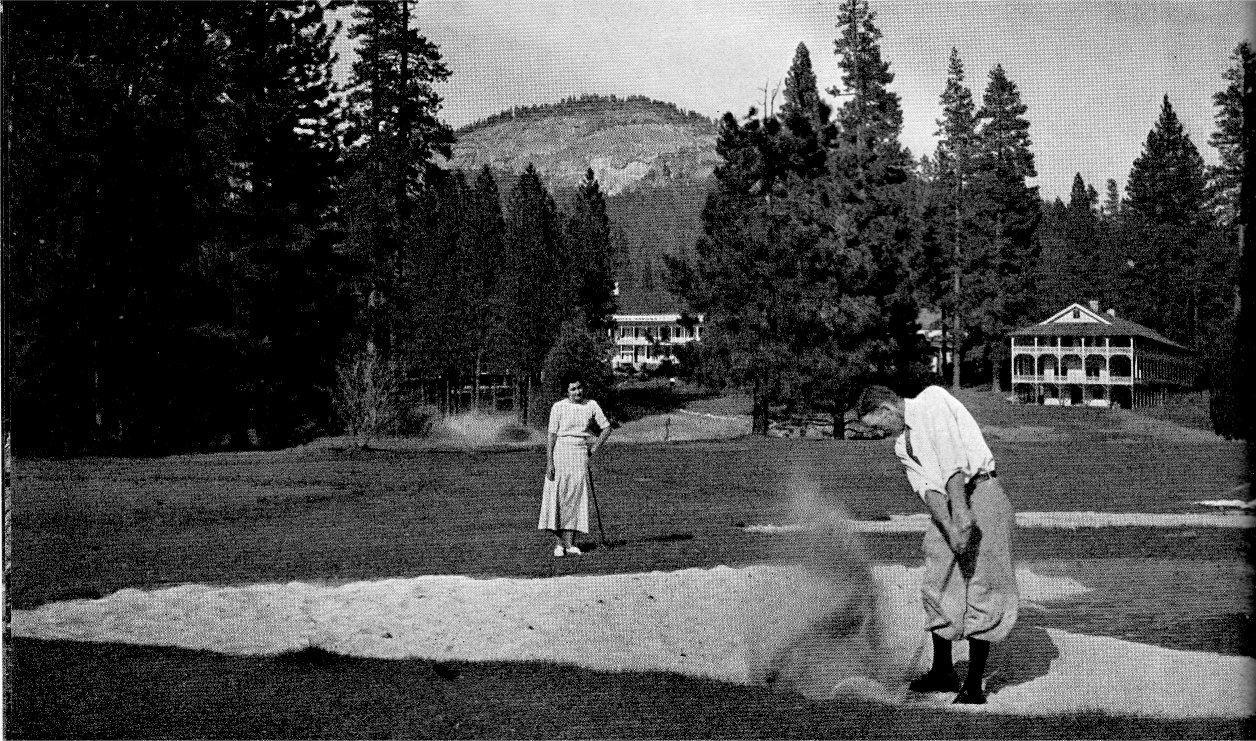 A 1932 Ansel Adams photo shows golfers in front of the Wawona Hotel in Yosemite National Park.