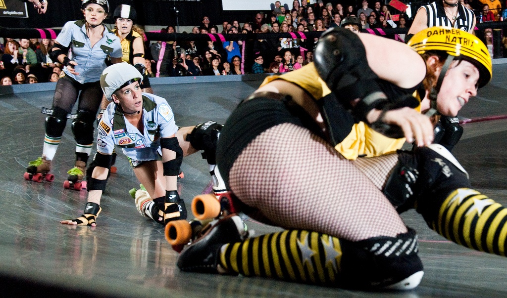 &quot;Dahmernatrix&quot; hits the track during the LA Derby Dolls 2009 championship game between The Swarm and The Tough Cookies. (photo by Marc Campos)