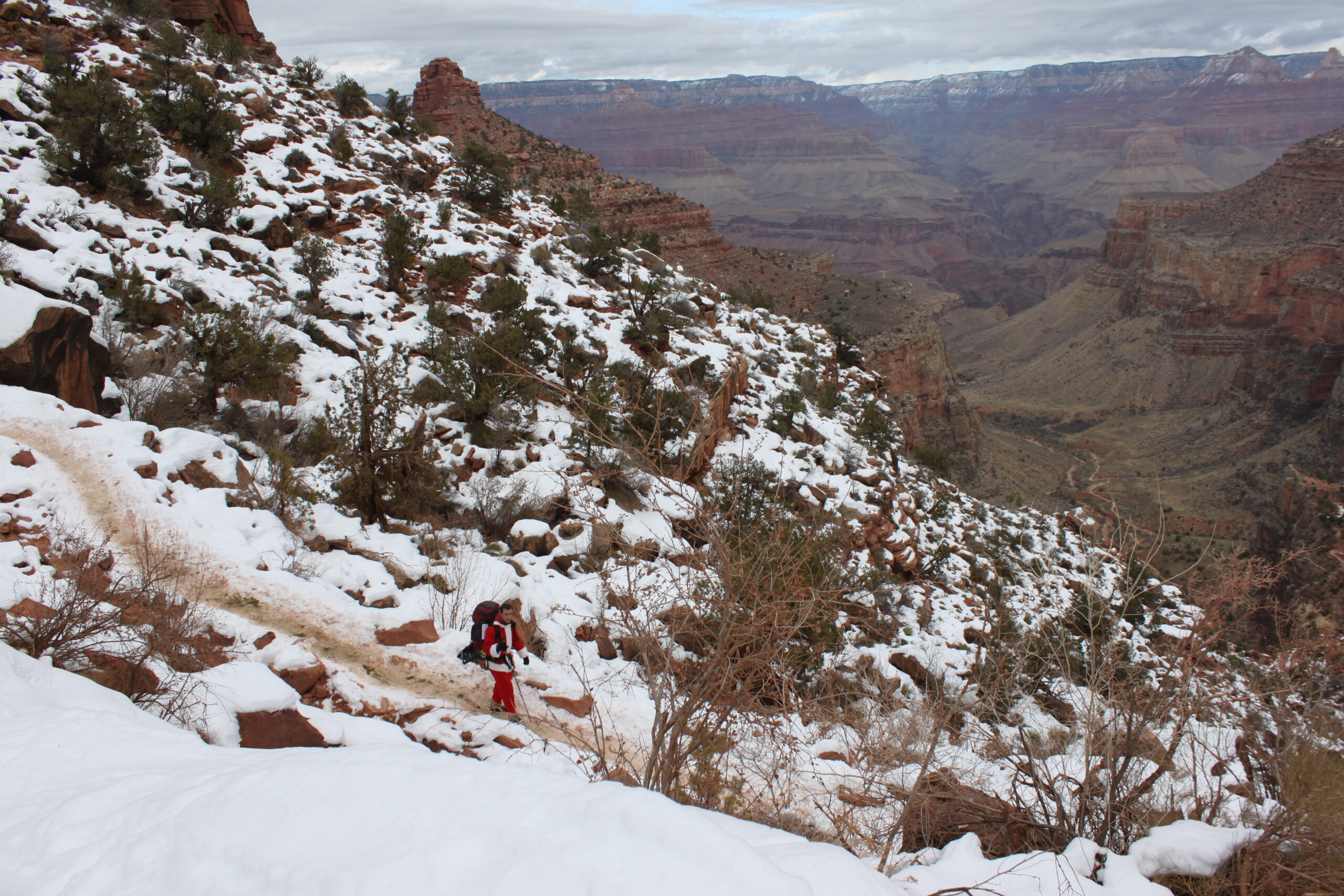Santa Claus (a.k.a. Hank) walks down Bright Angel Trail into the Grand Canyon.