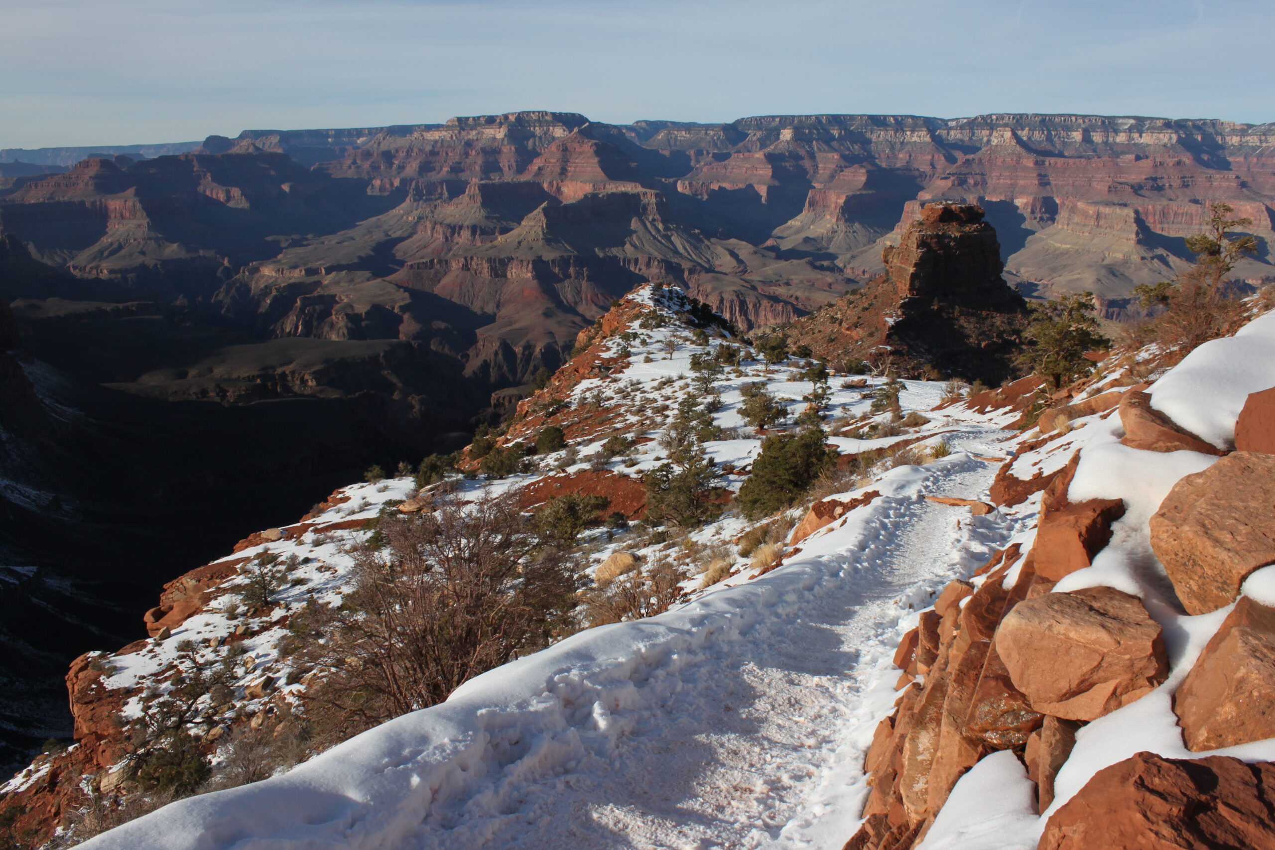 A view of the Grand Canyon's snow-covered South Kaibab Trail
