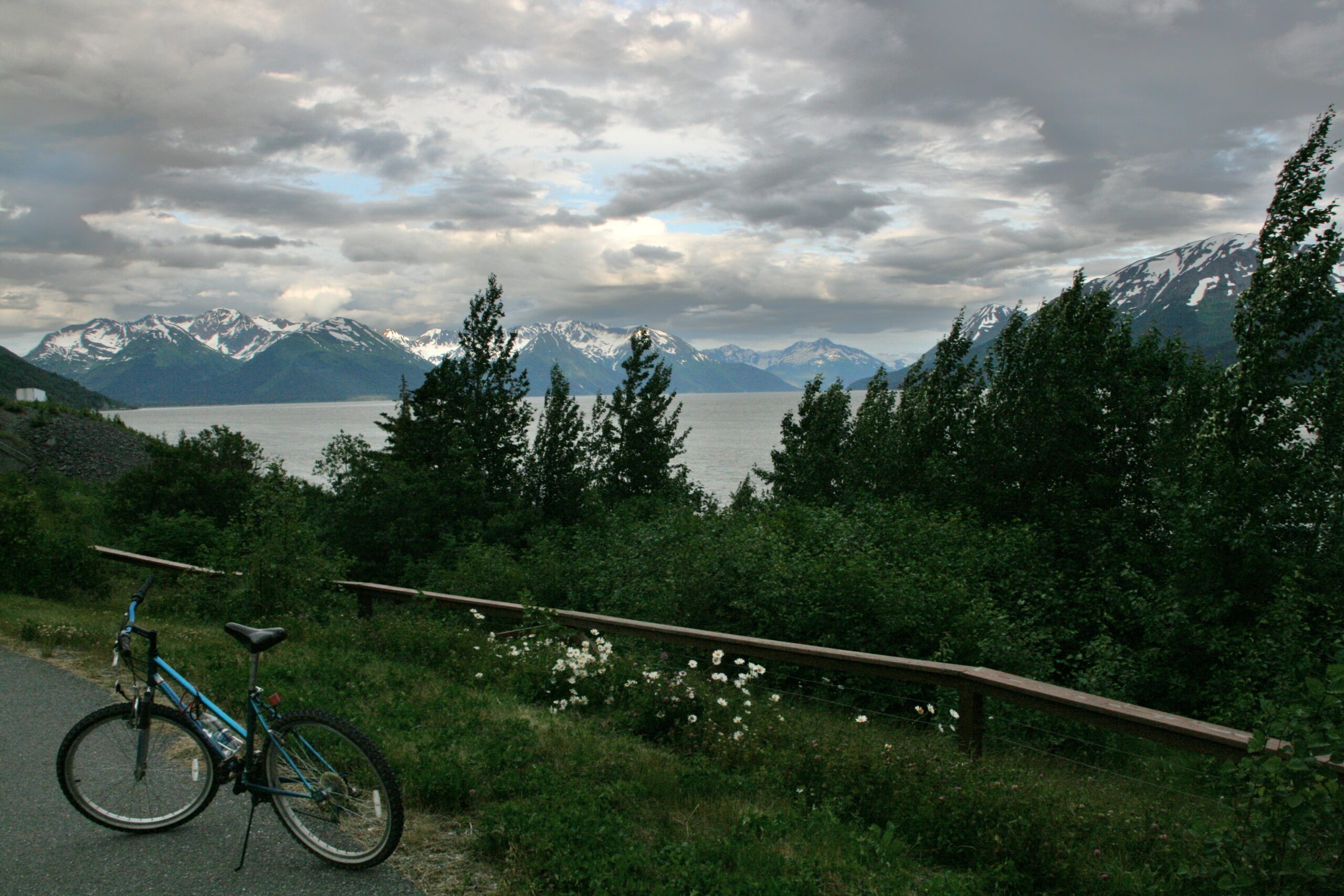 A bicycle sits on the bike path between Indian Creek and Girdwood in Alaska.