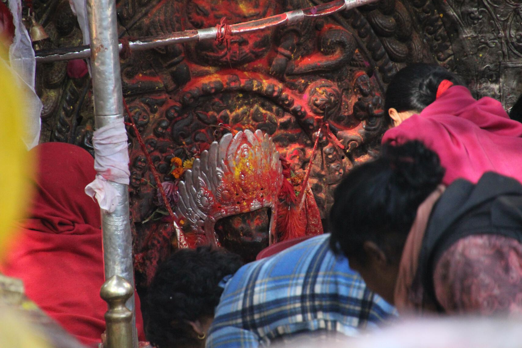 Nepalese worshippers bow before a blood-soaked statue of Kali.