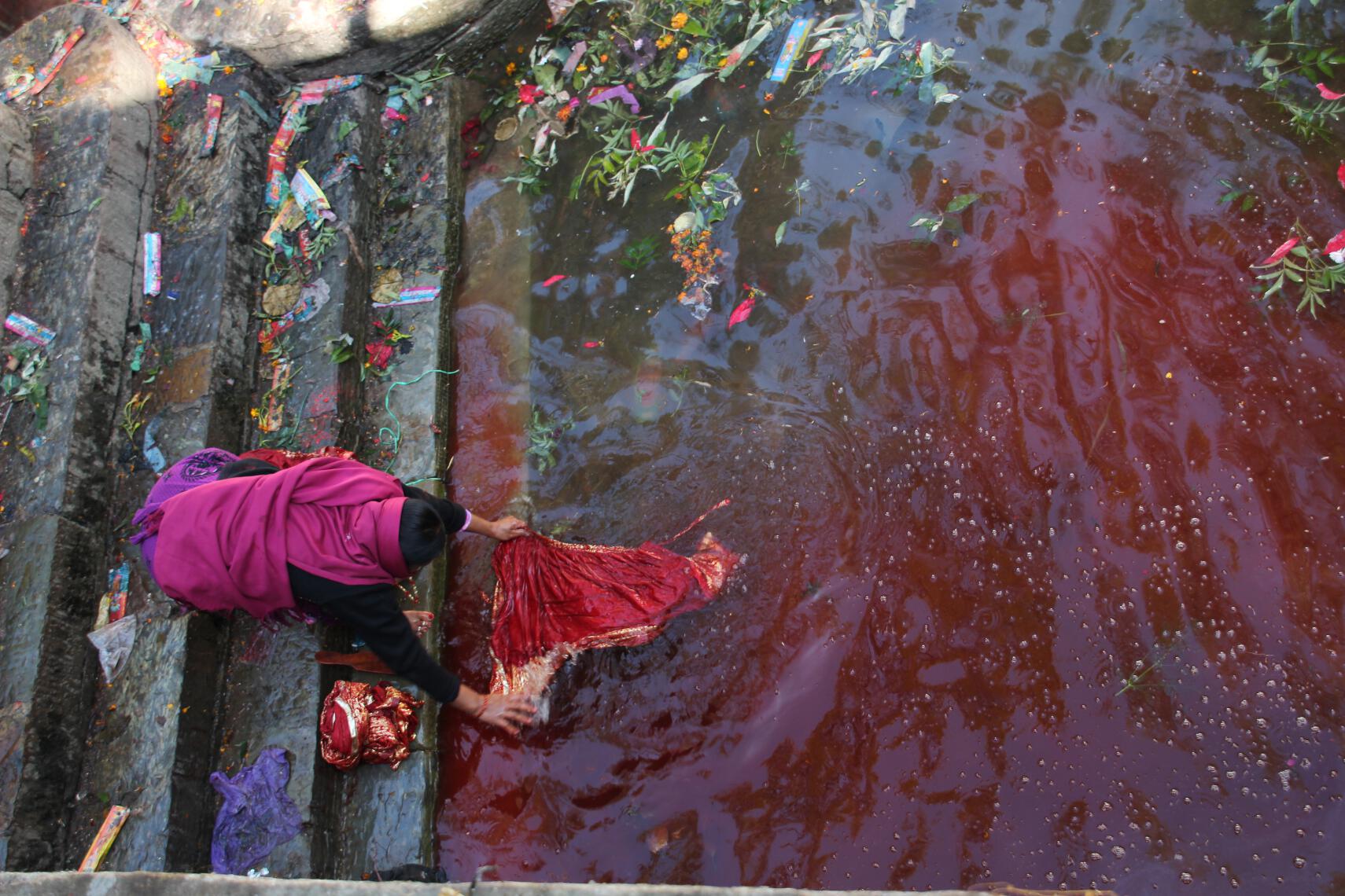 A woman soaks clothing in a blood-filled stream adjacent to the temple of Kali, Shiva&#039;s bloodthirsty consort.
