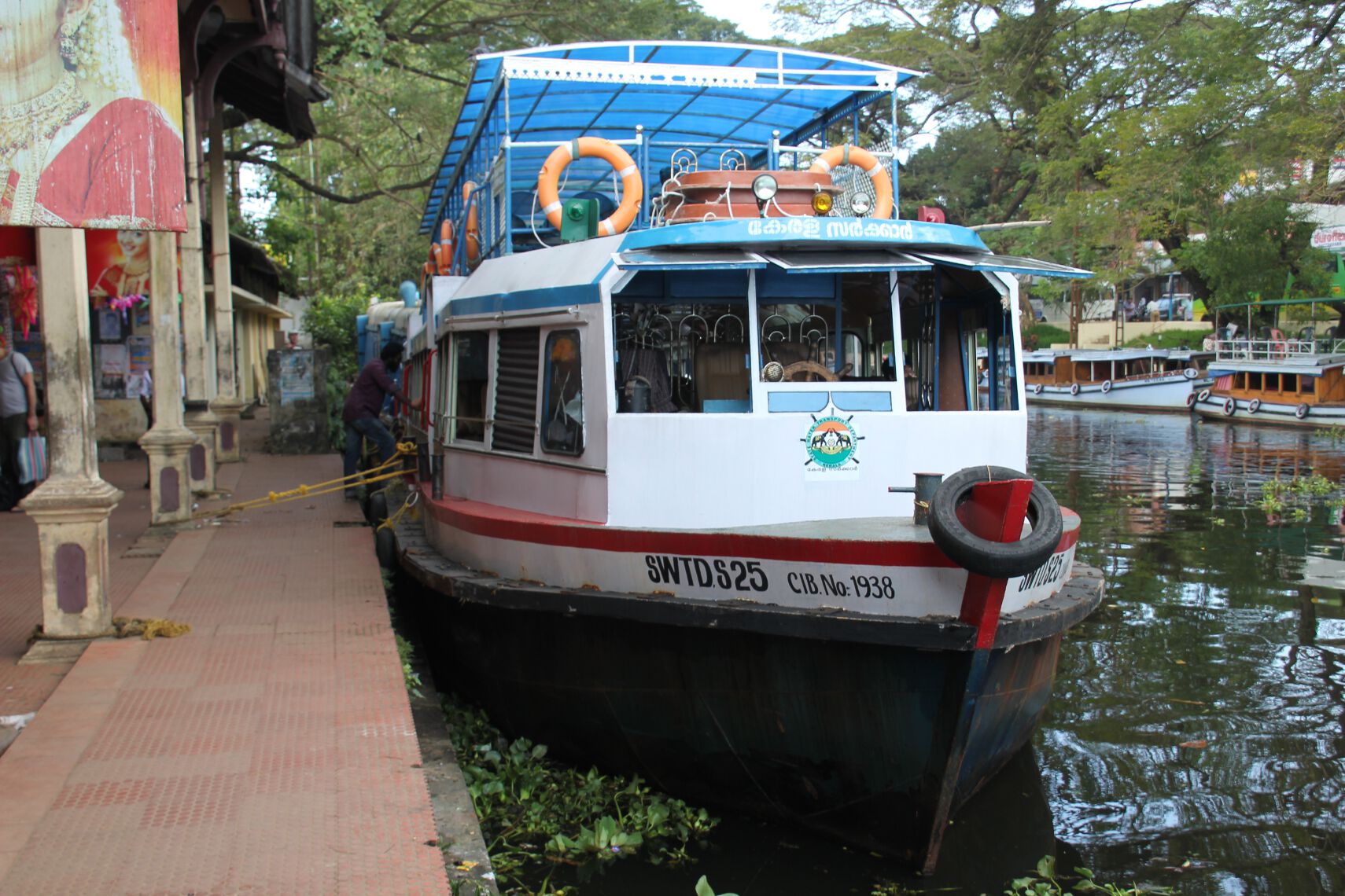 A ferry sits ready to take passengers from Alappuzha to Kollam in southern India.