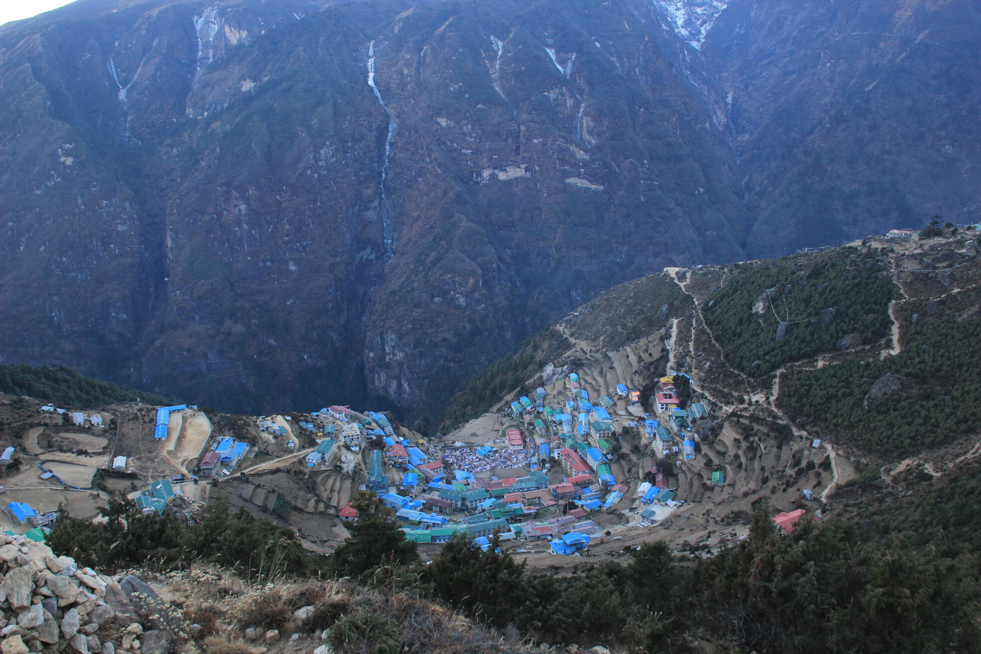 Dusk falls over Namche Bazaar, Nepal.