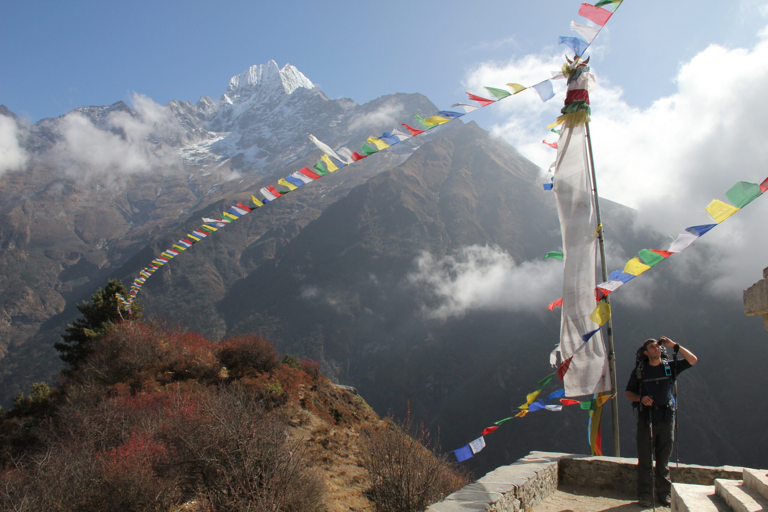 Hank adjusts a ContourHD head-mounted camera above Namche Bazaar, Nepal.