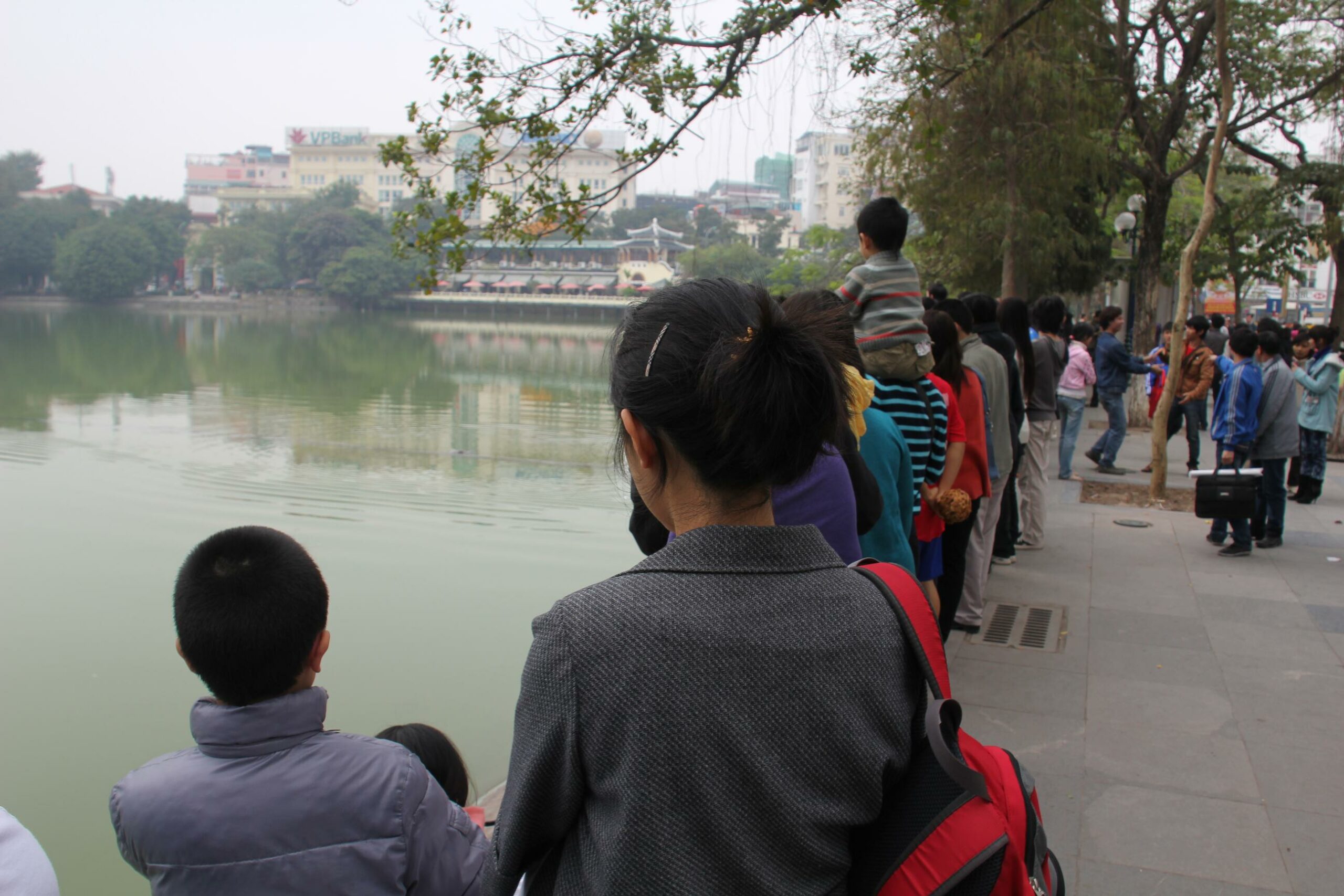 Vietnamese families watch the Hoan Kiem turtle surface in Hanoi's Green Lake.