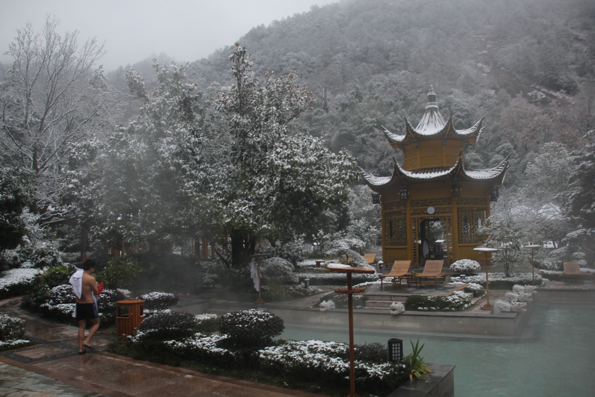 The hot springs resort, covered in snow, near Huangshan.