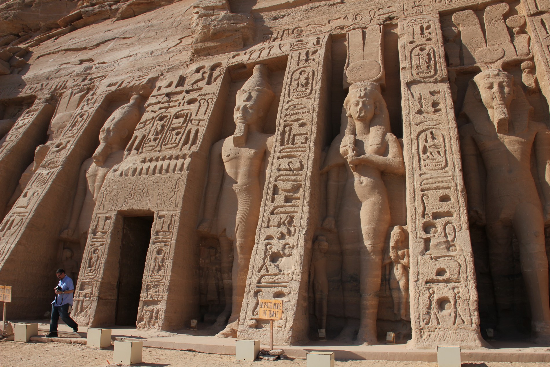 Colossi of Nefertari and Ramesses II flank the entrance to the Small Temple of Hathor and Nefertari at Abu Simbel.