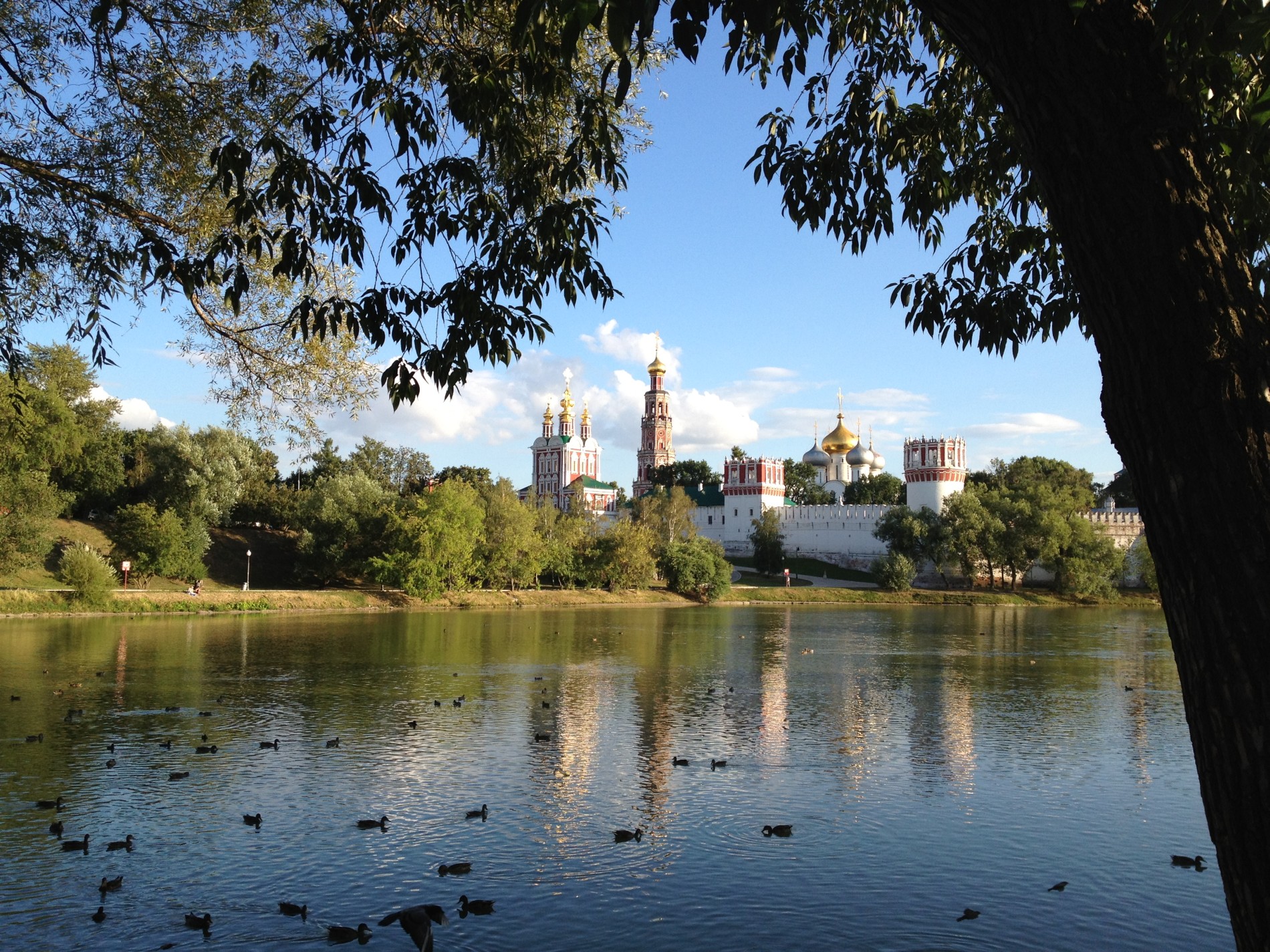 Beautiful Novodevichy Convent sits near a bend in the Moscow River in Russia.