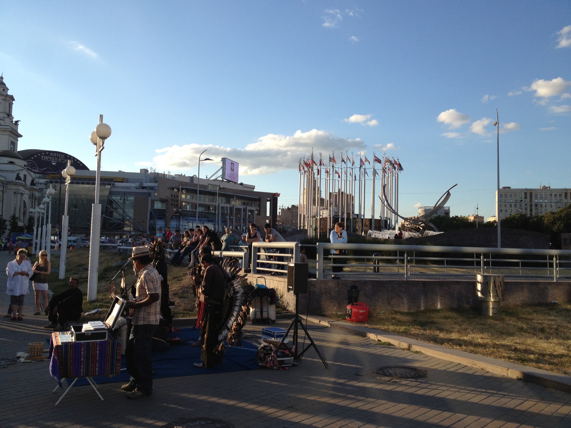 Street musicians perform in the Square of Europe in Moscow.