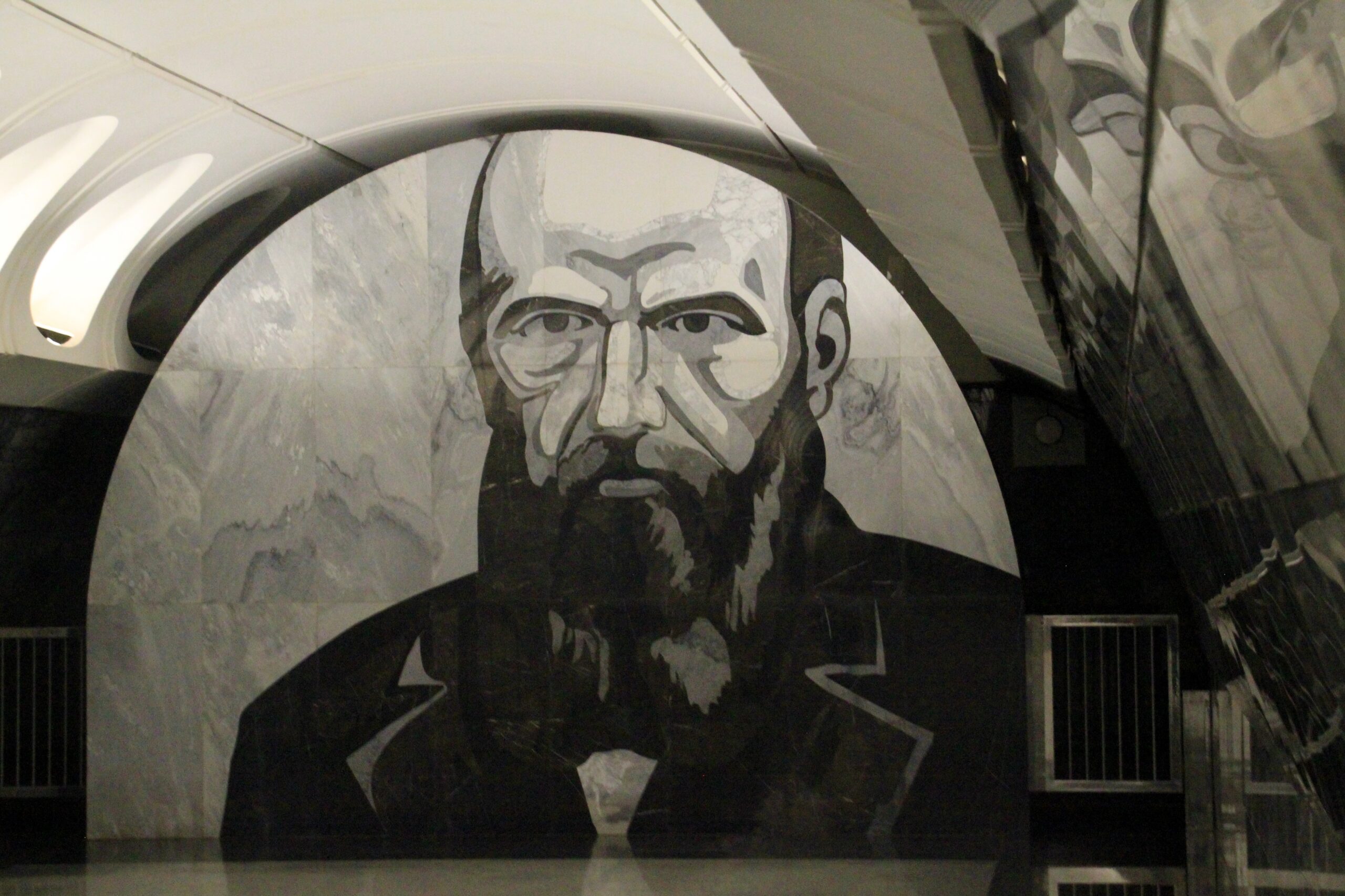 A mural of the head of Russian novelist Dostoyevsky decorates the Moscow Metro's Dostoyevskaya Station.