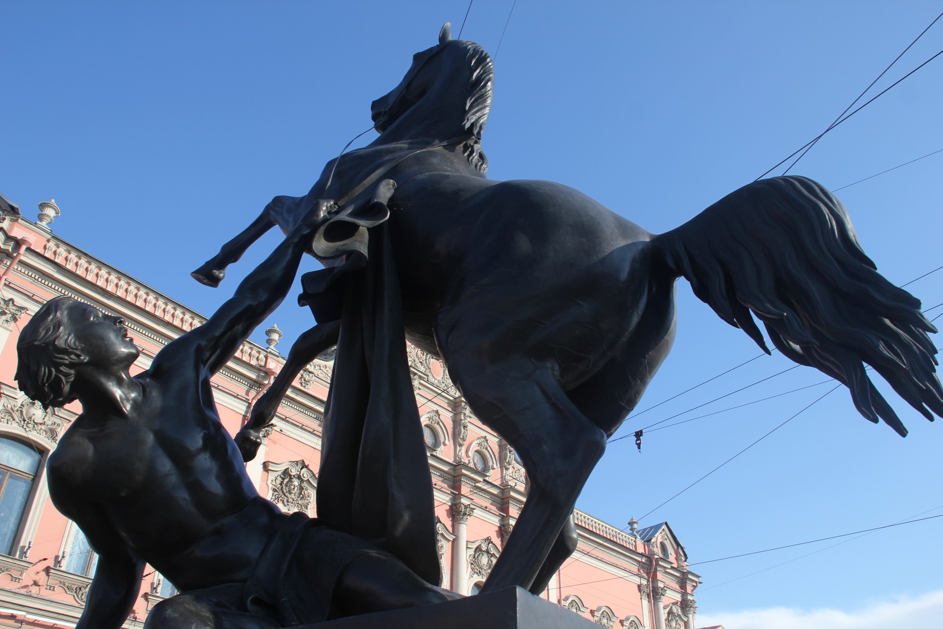 Russian sculptor Baron Peter Klodt von Jurgensburg's horse-tamer statues appear throughout St. Petersburg.