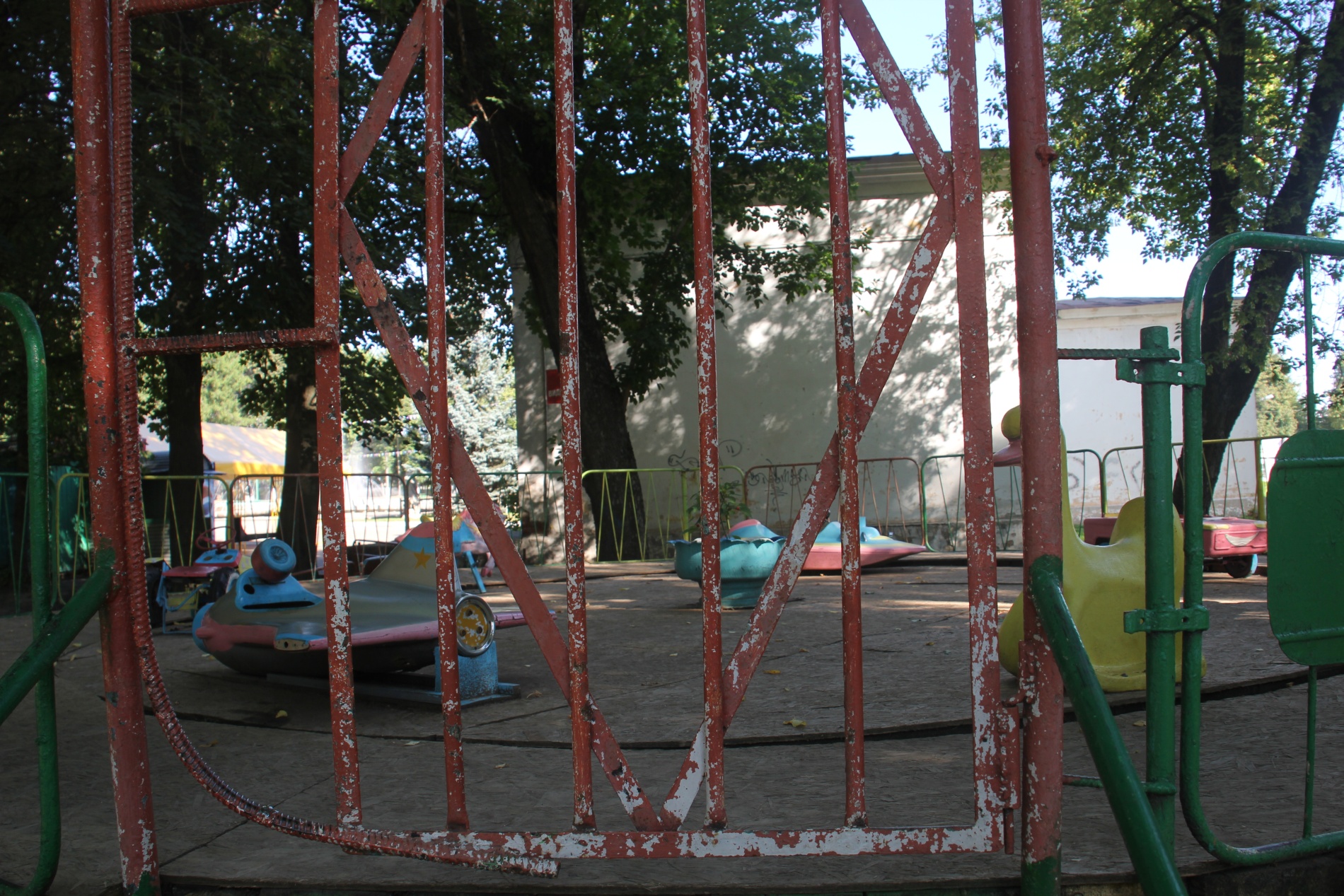 Abandoned Soviet-era amusement rides sit in the Central Park of Vladimir, Russia.