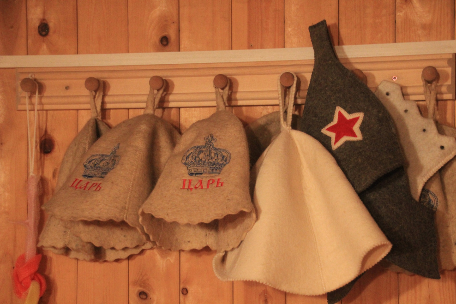 Felt hats in a Russian banya protect bathers heads from the excessive heat.