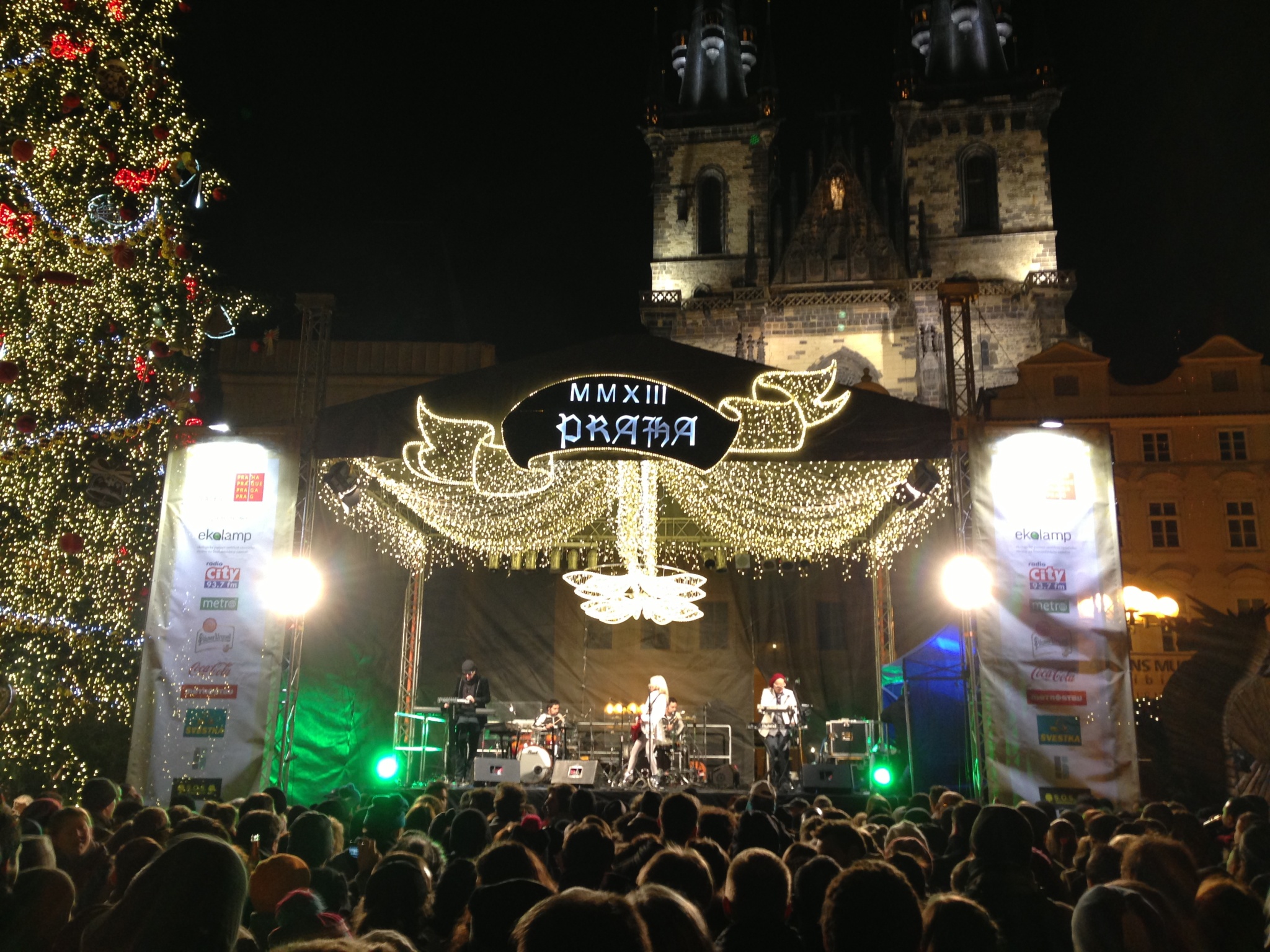 Cartonnage, one of the Czech Republic's most well-known electronic bands, plays in Prague's Old Town Square on New Year's Eve.