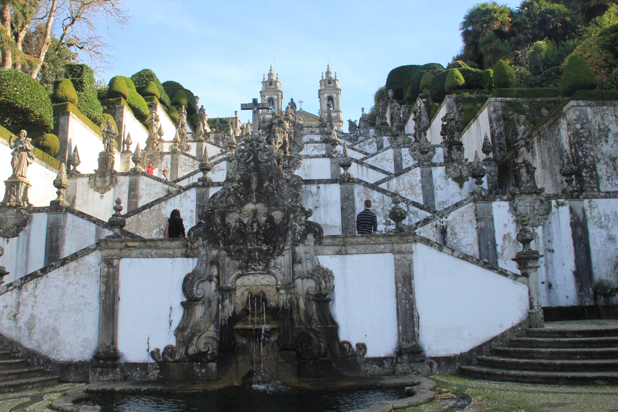 A beautiful, Baroque staircase can be climbed by visitors to the Bom Jesus do Monte church in Braga, Portugal.