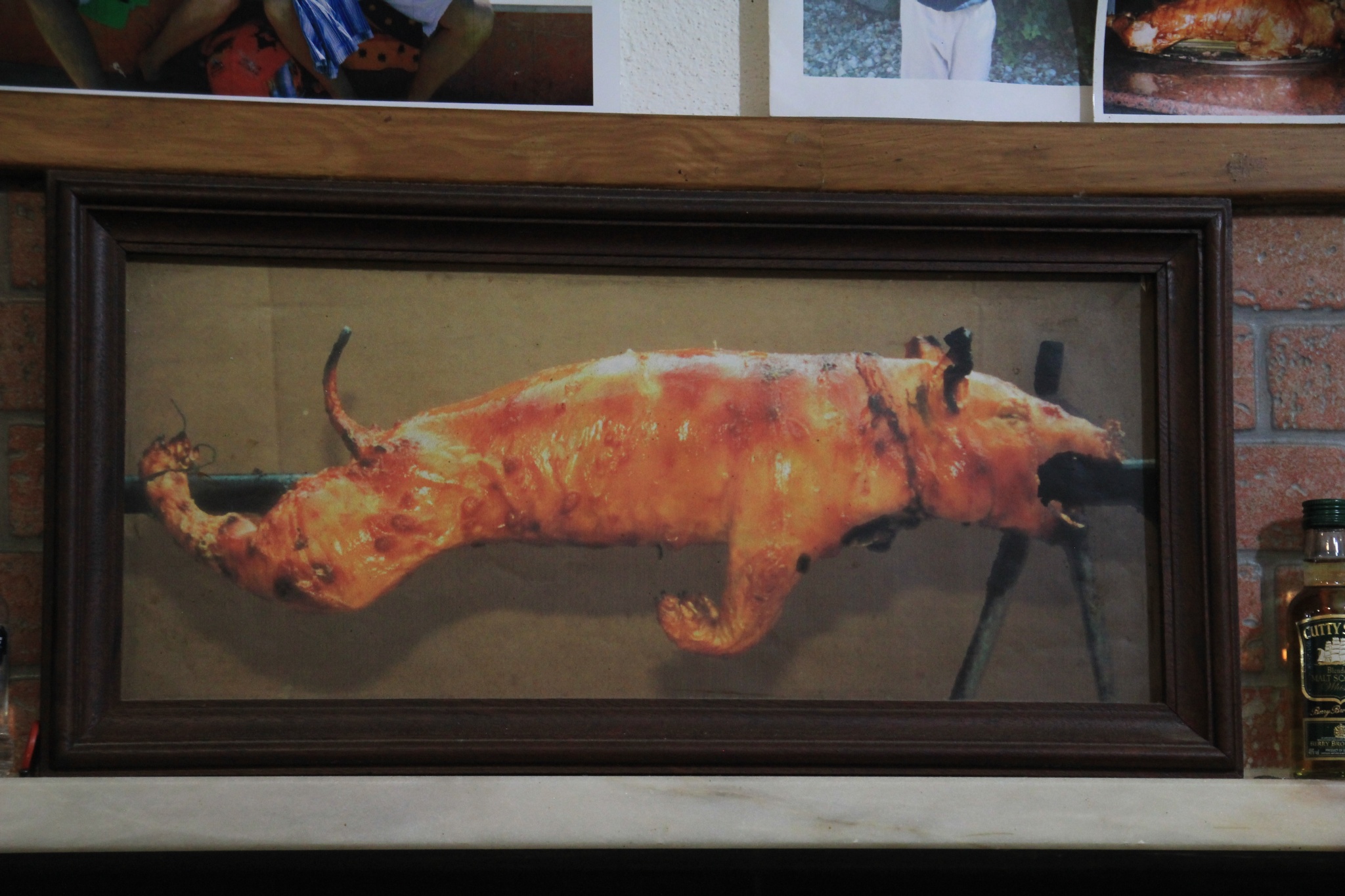 A photograph of a roasting pig sits above customers at the Porta Larga restaurant in Coimbra, Portugal.