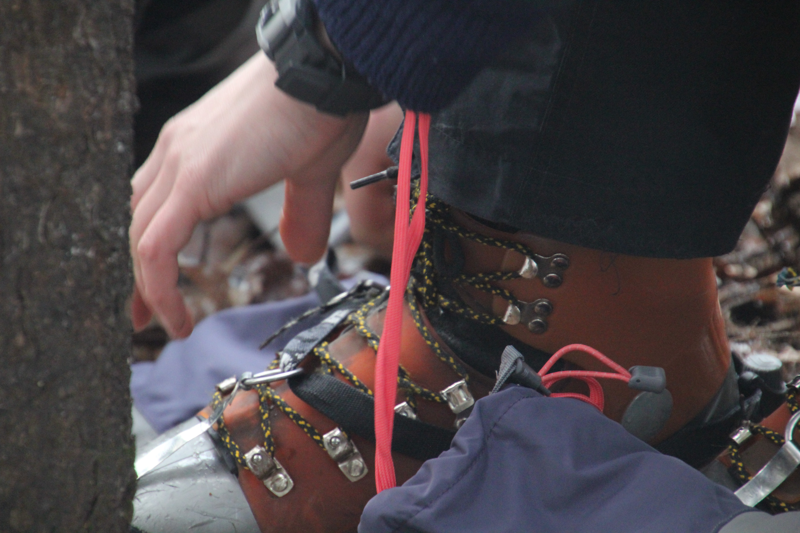 A hiker affixes crampons to a double-plastic mountaineering boot.