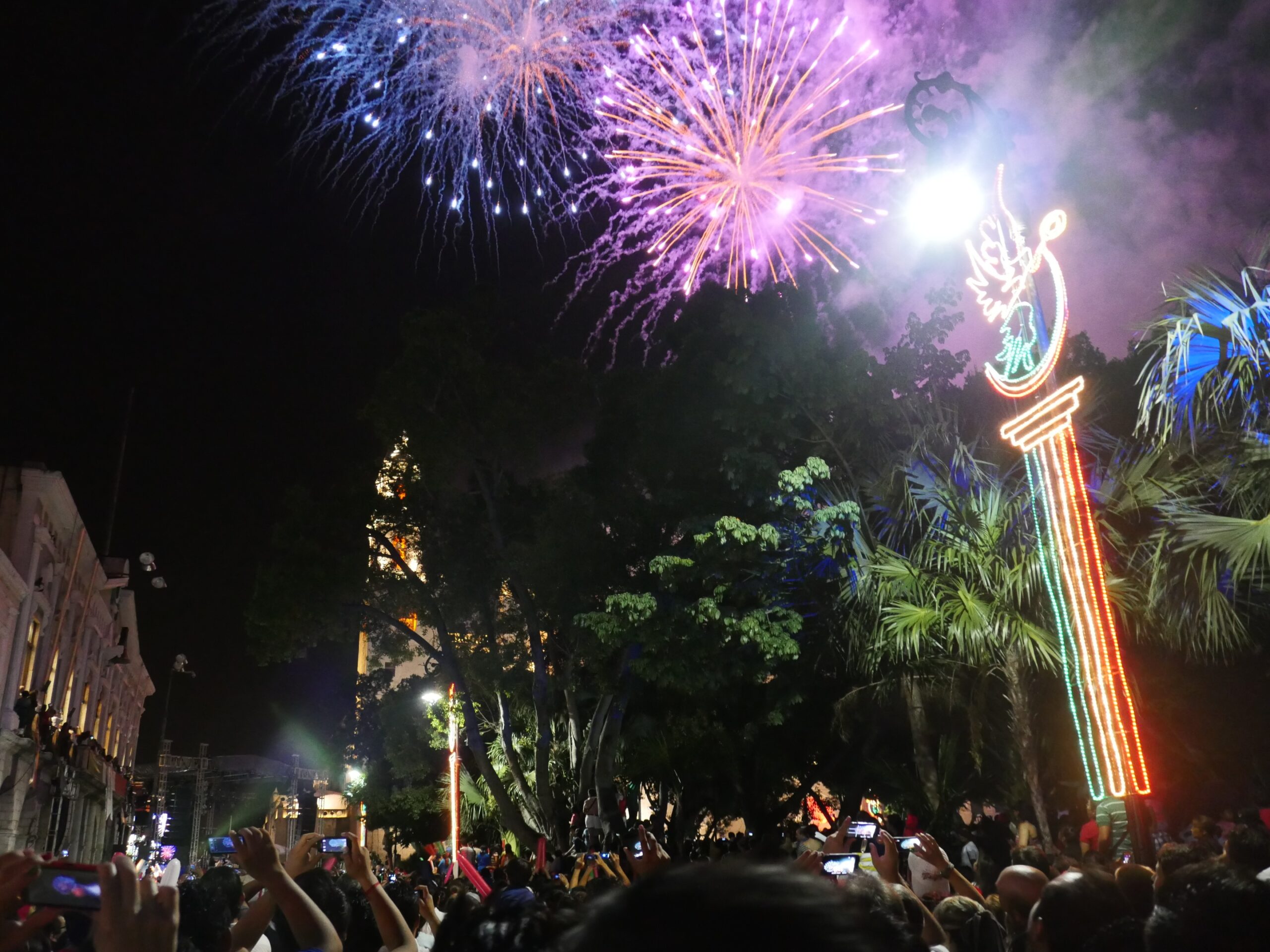 Fireworks explode above the cathedral in Mérida, Mexico.