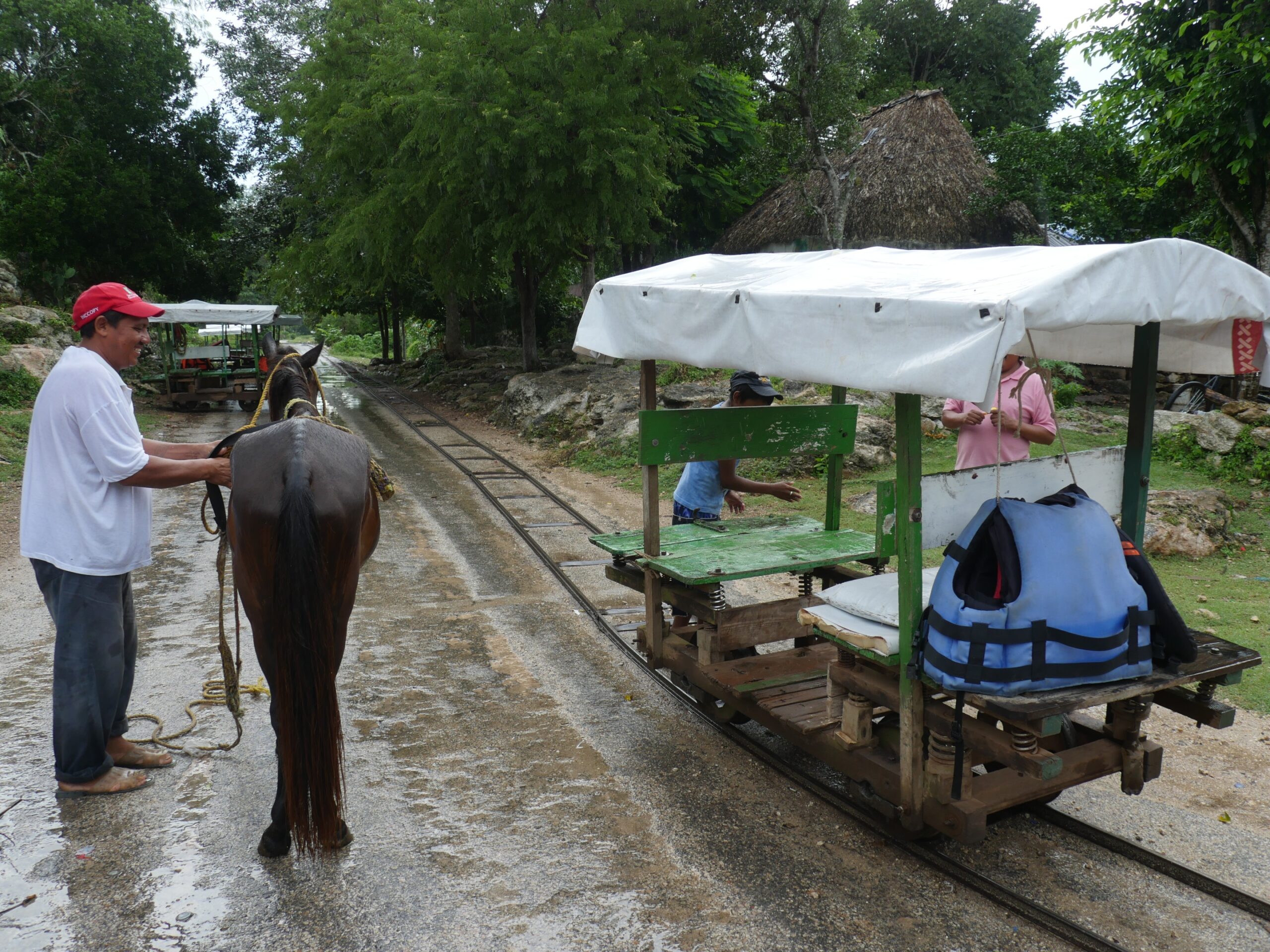 A guide readies his horse and railcart for a cenotes tour in Cuzamá, Mexico.