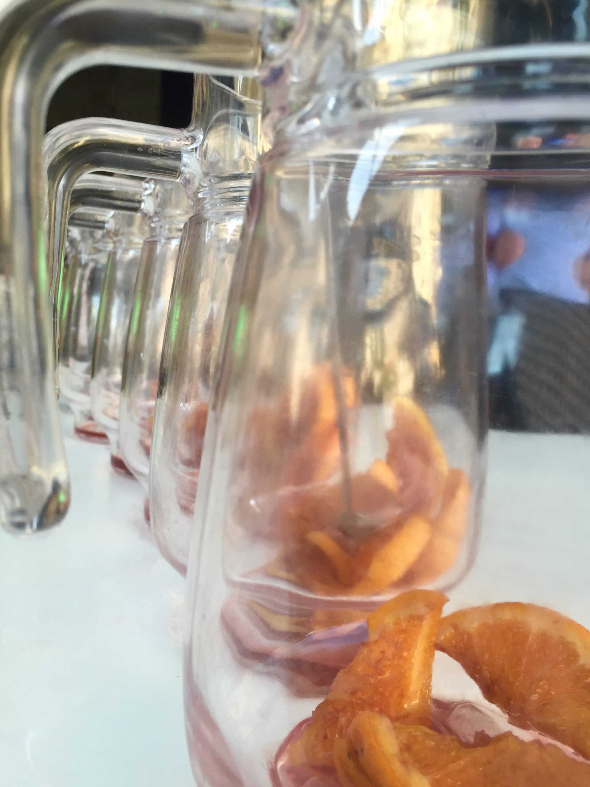 Pitchers of sangria sit on a table at Cafe Iruña in Pamplona, Spain.