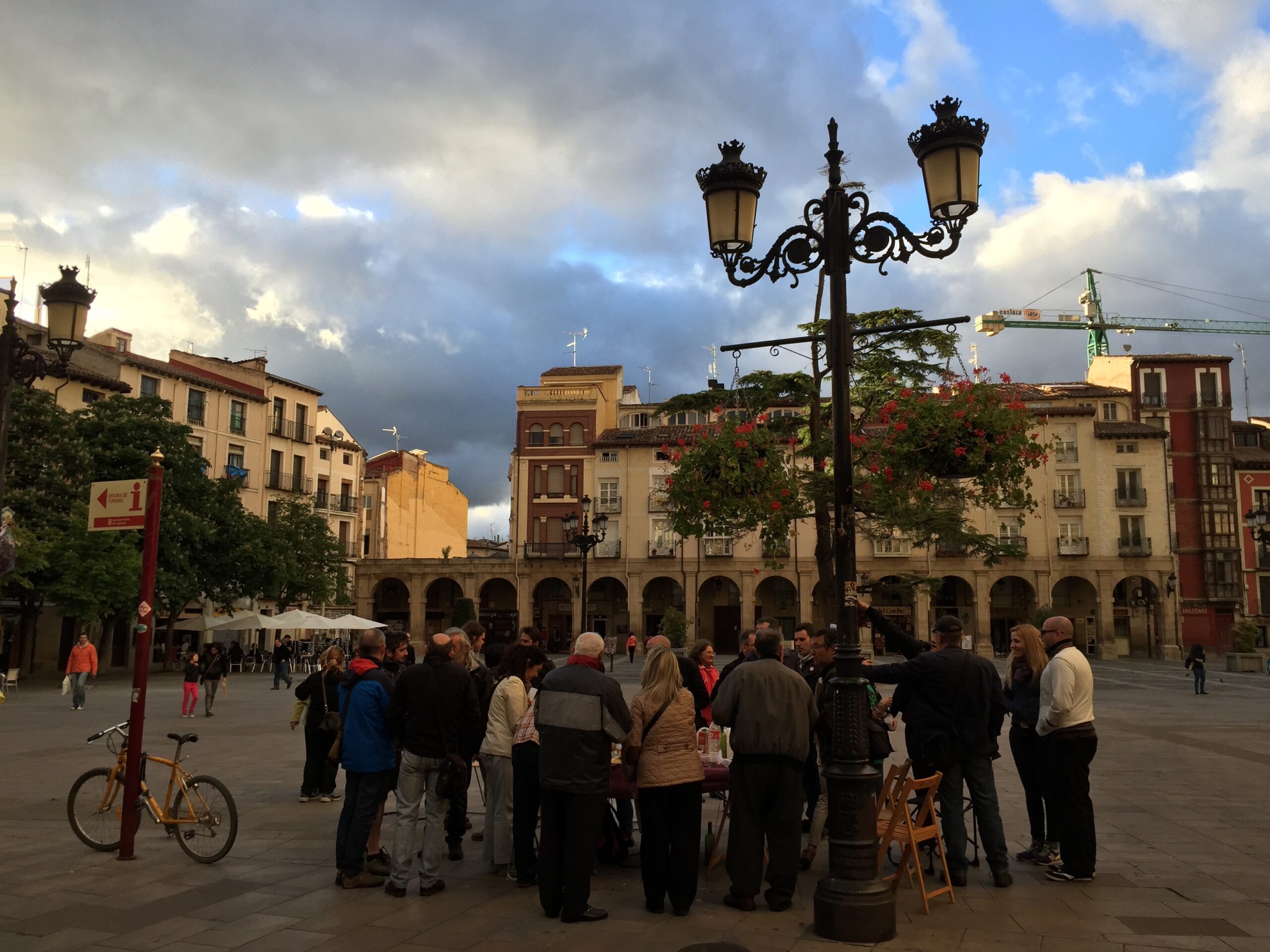 People gather in a plaza in Logroño, Spain.