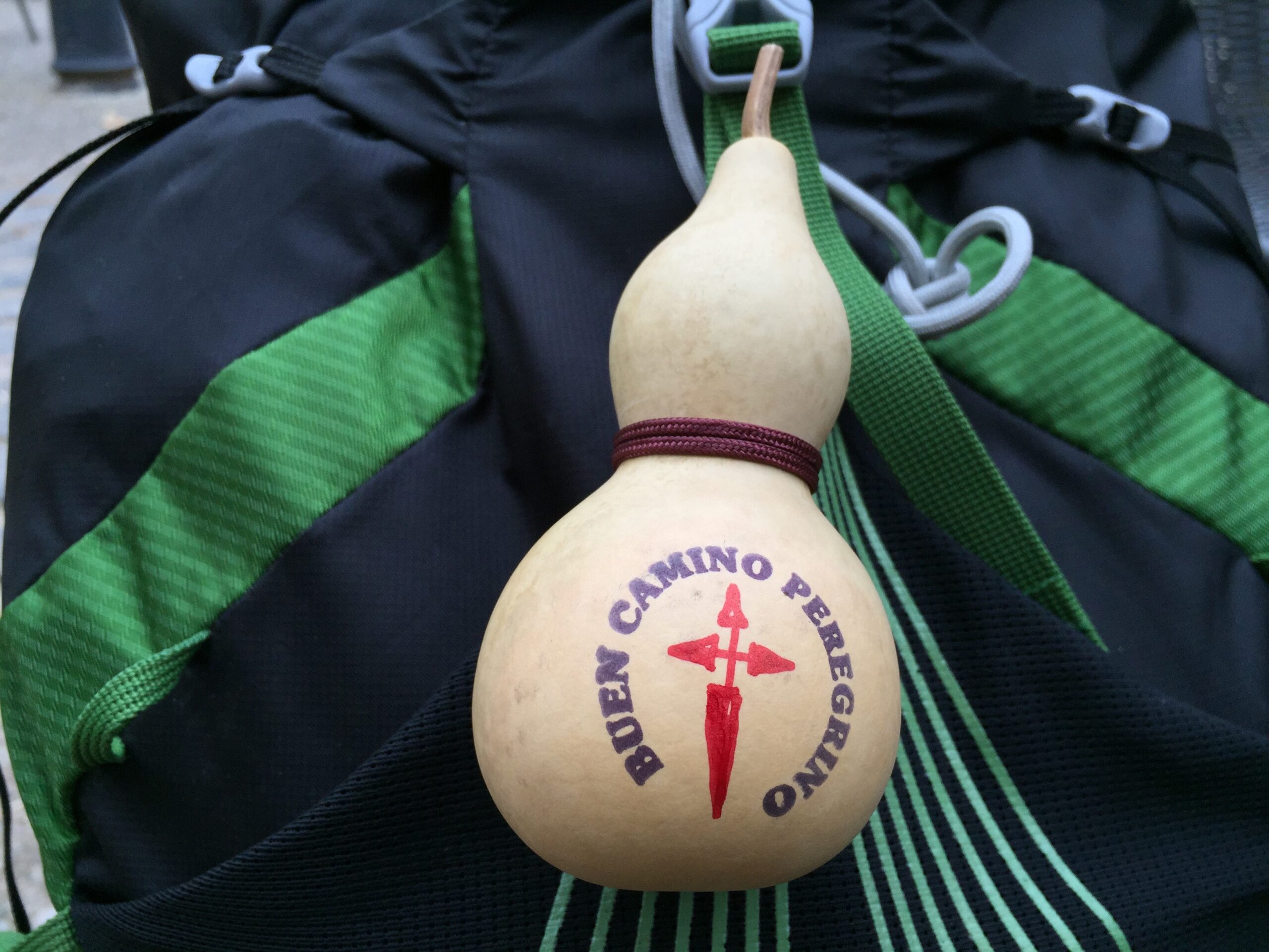 A gourd, representing those that medieval pilgrims used to carry water, sits strapped to my backpack after I received it as a gift from the owner of the sports store Planeta Agua in Logroño, Spain.