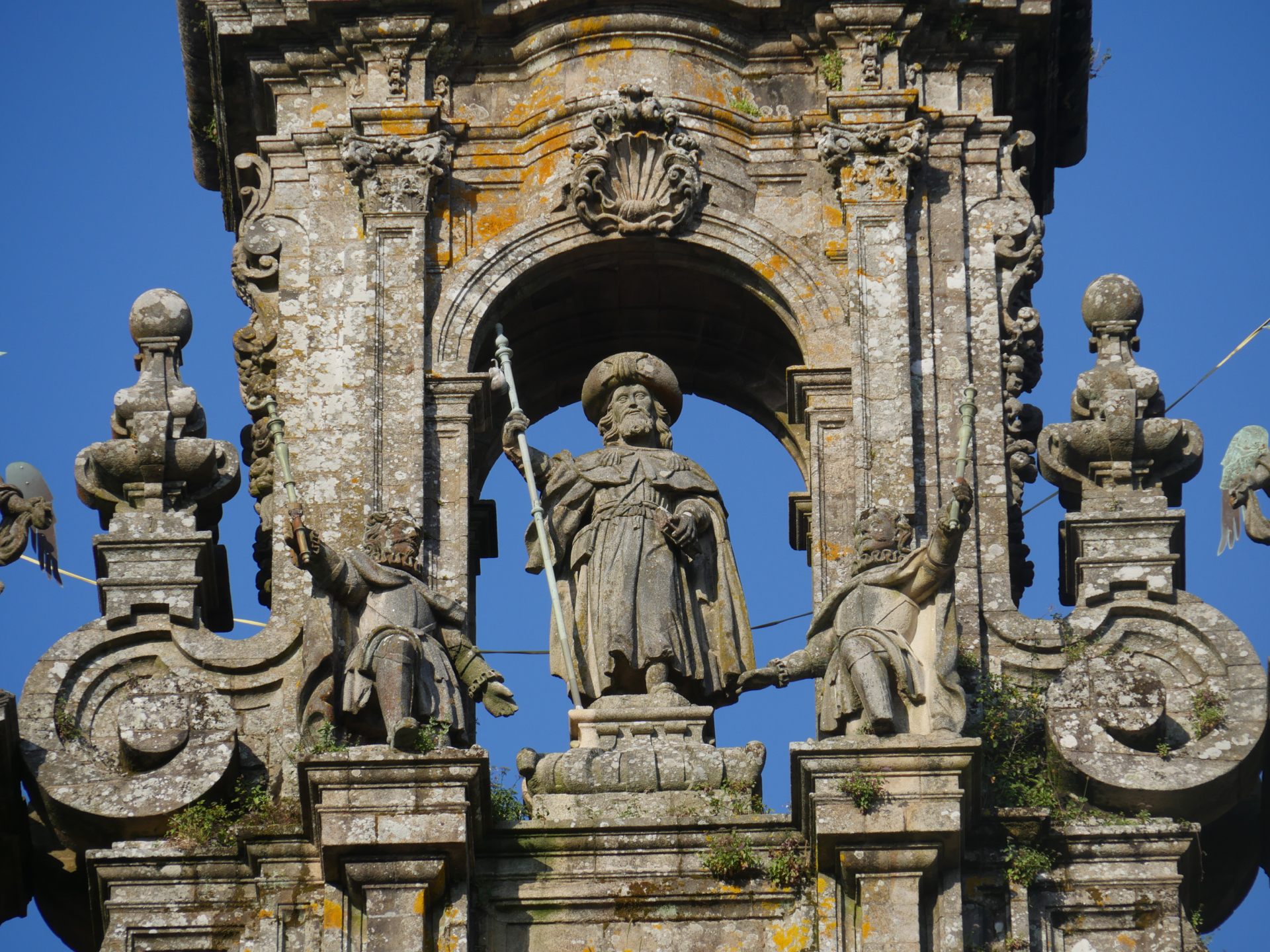 A statue of St. James sits atop the Santiago de Compostela Cathedral.