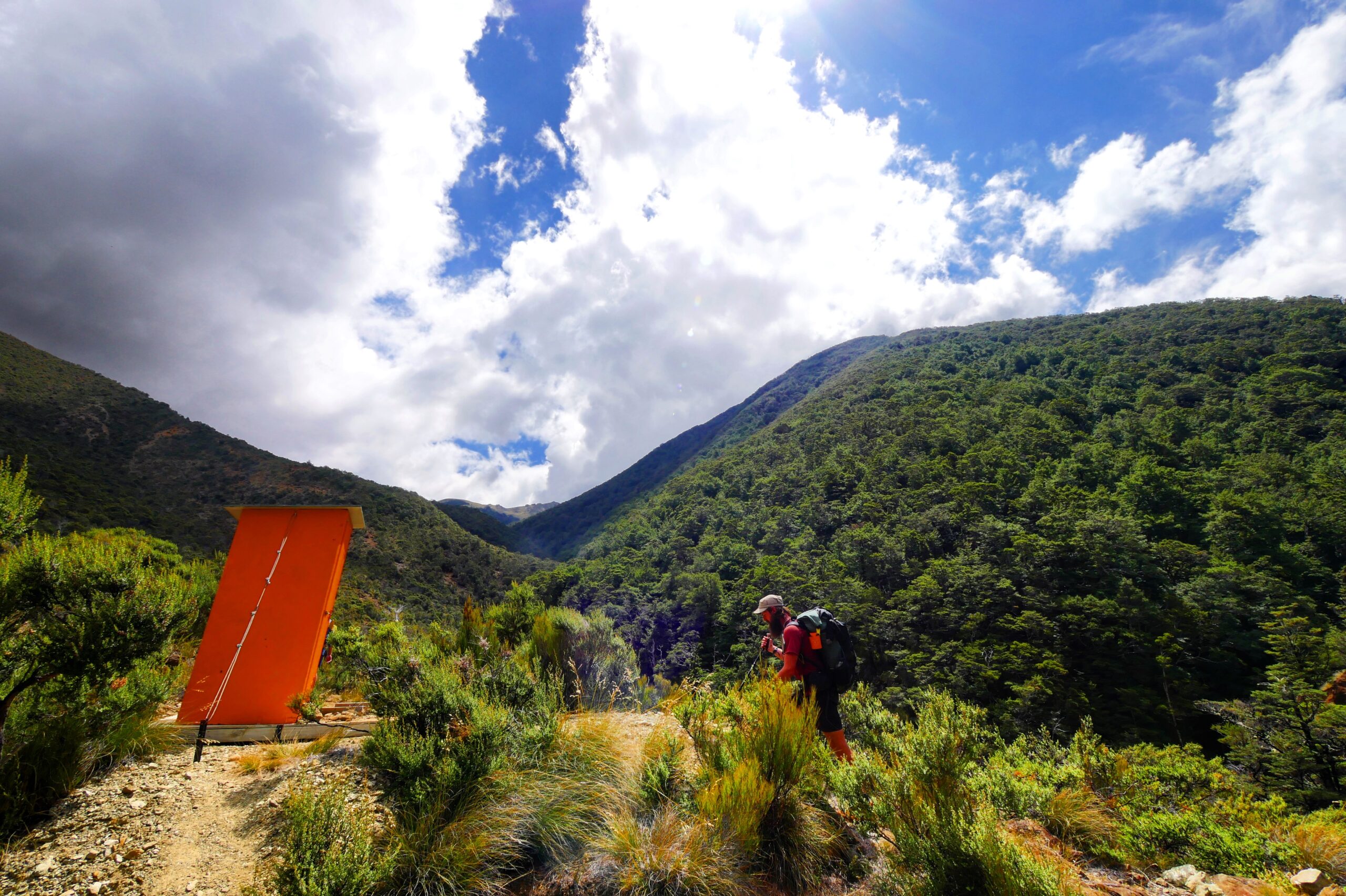 An outhouse sits in the Red Hills in New Zealand's Richmond Range.