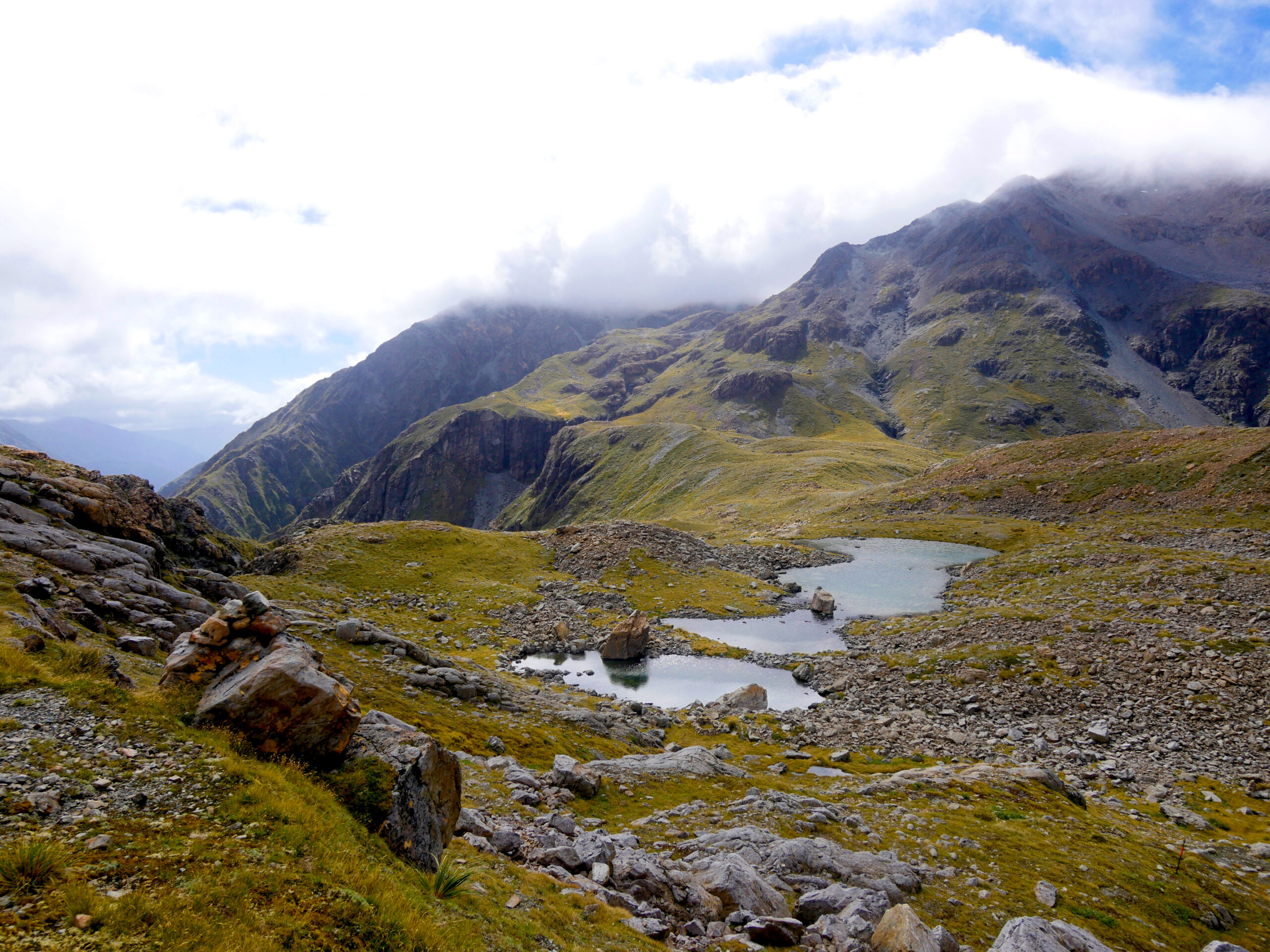 Tarns (mountain lakes) adorn the top of Harman Pass.