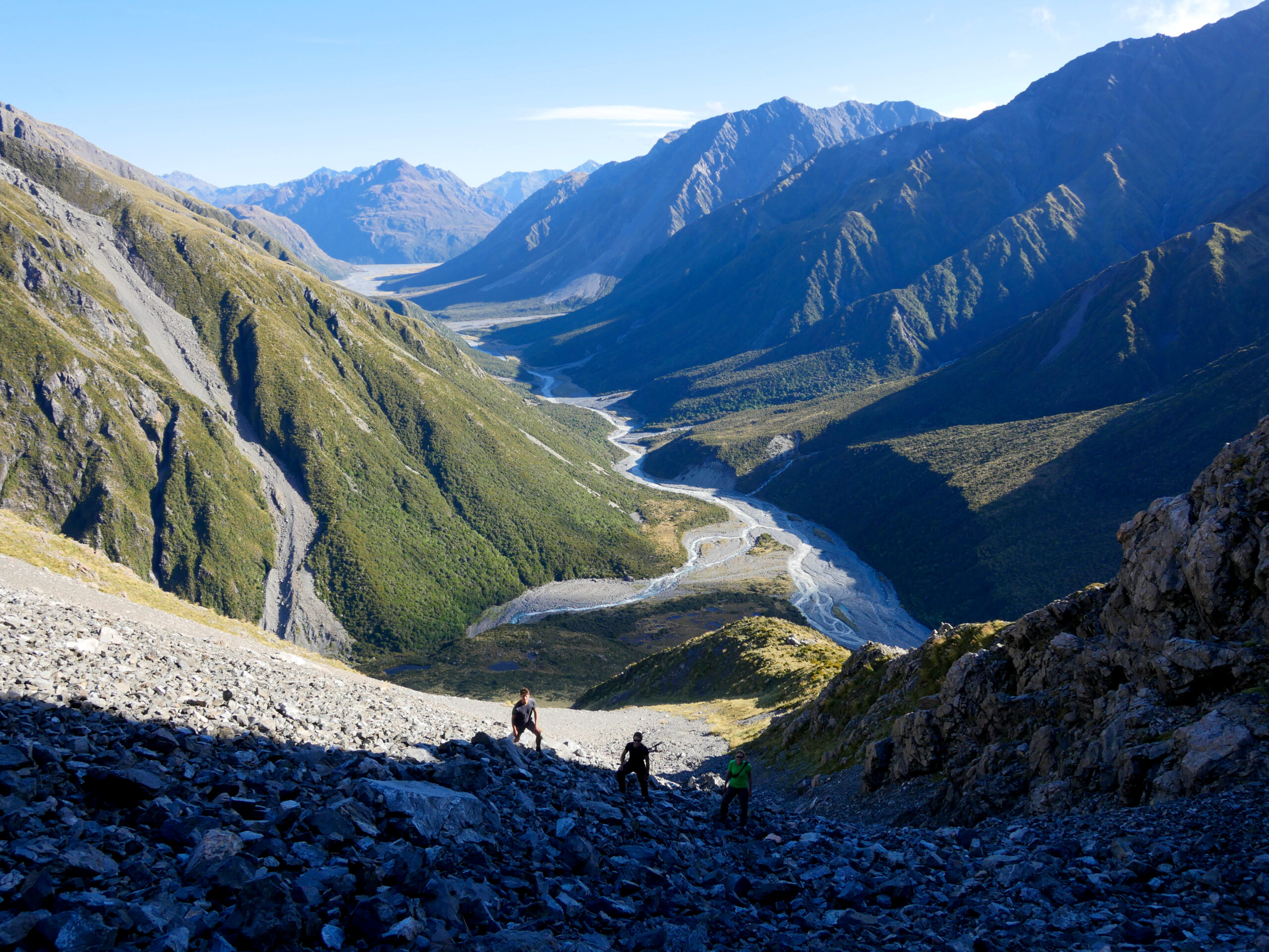 The French Trio climbs an unnamed peak near Park Morpeth Hut in Arthur's Pass National Park, New Zealand.