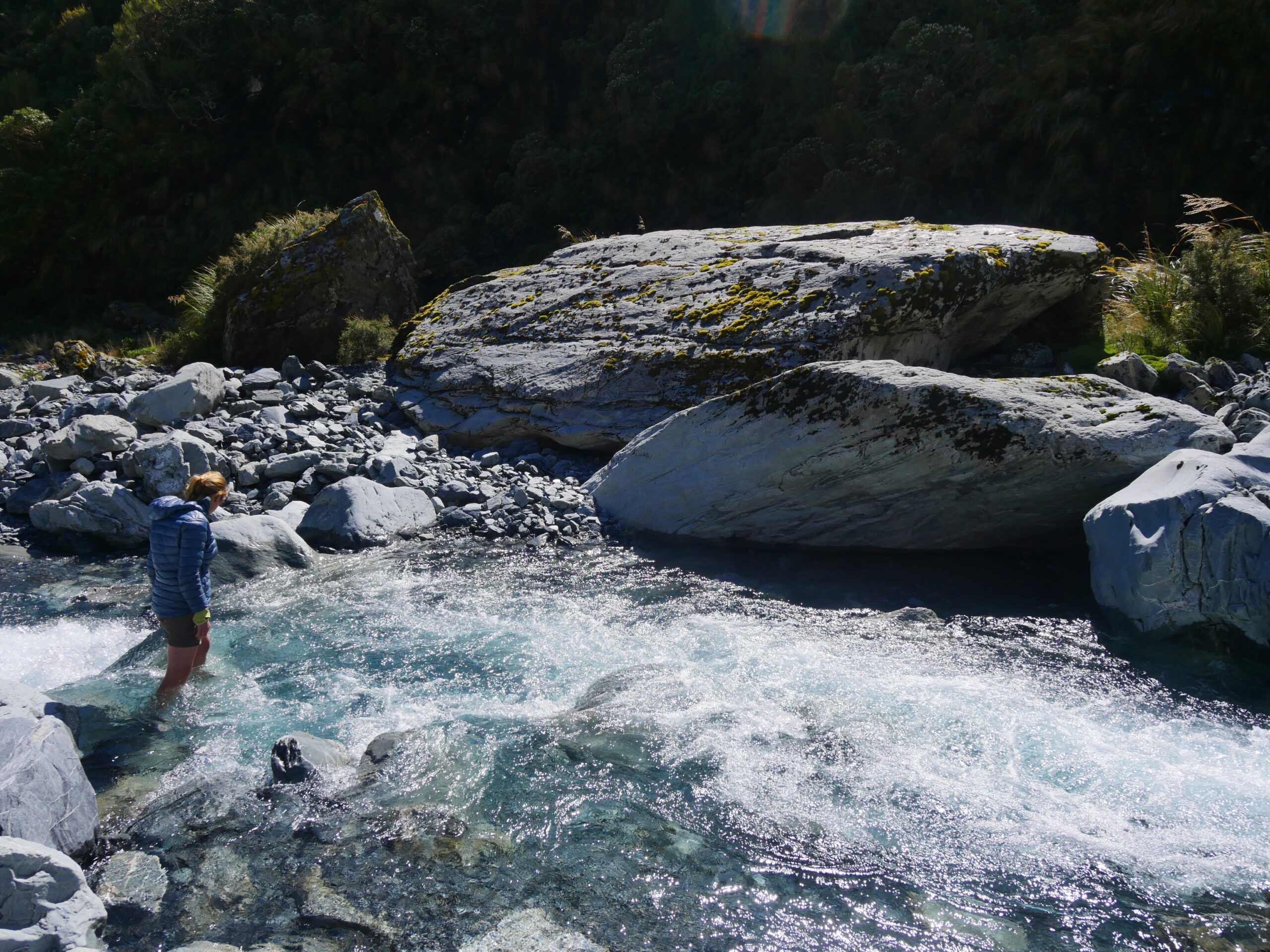 Charlotte takes a bath in Cronin Stream in the valley on the west side of Whitehorn Pass.