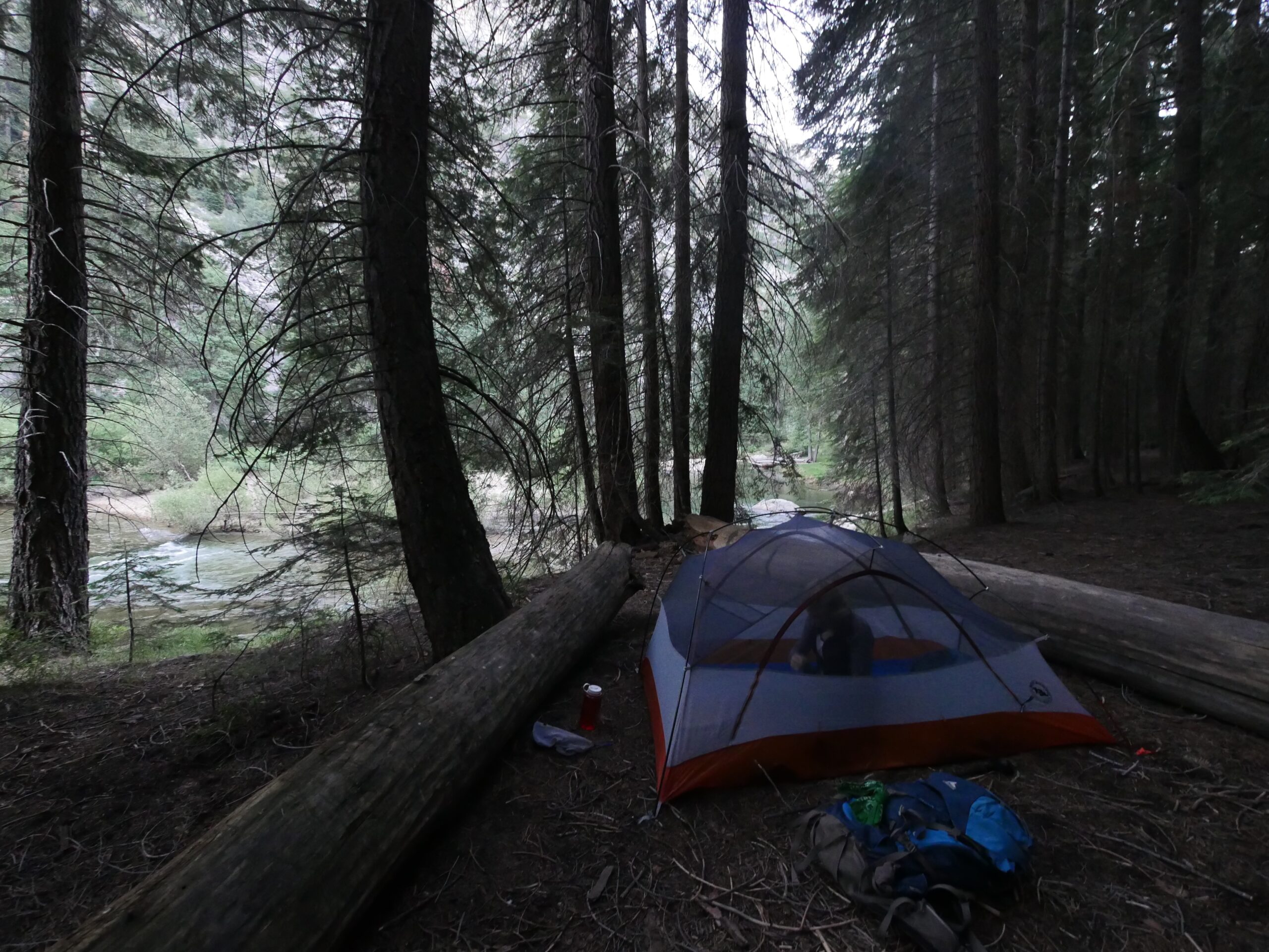 A tent sits near the Kings River in Kings Canyon National Park, California.