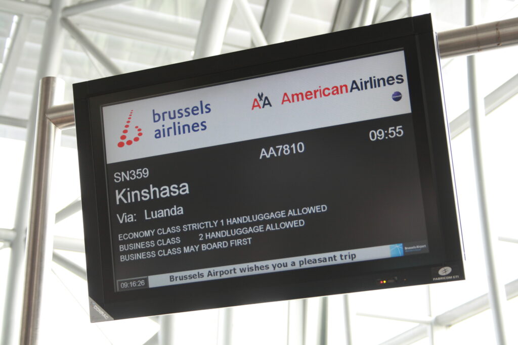 Brussels Airlines flight to Kinshasa sign