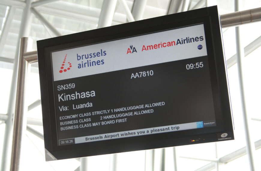 Brussels Airlines flight to Kinshasa sign