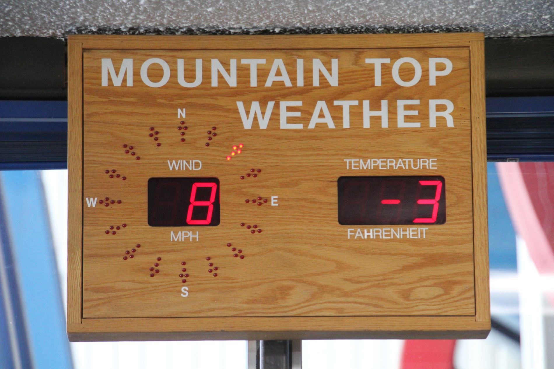 Mountain Top Weather sign in Sandia Peak Tramway lobby in Albuquerque, New Mexico