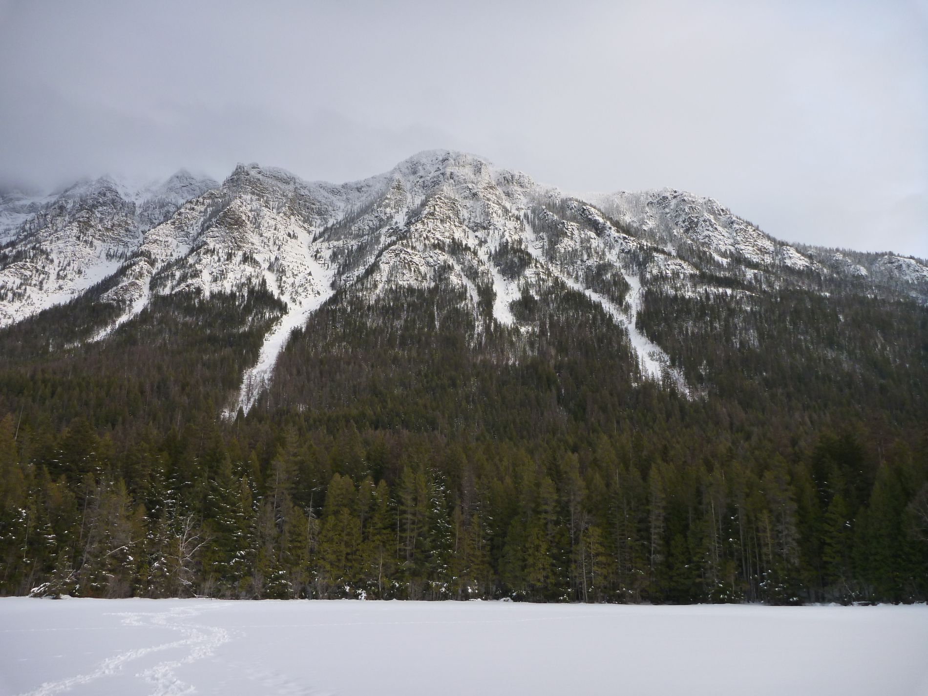 Johns Lake with mountains, snow