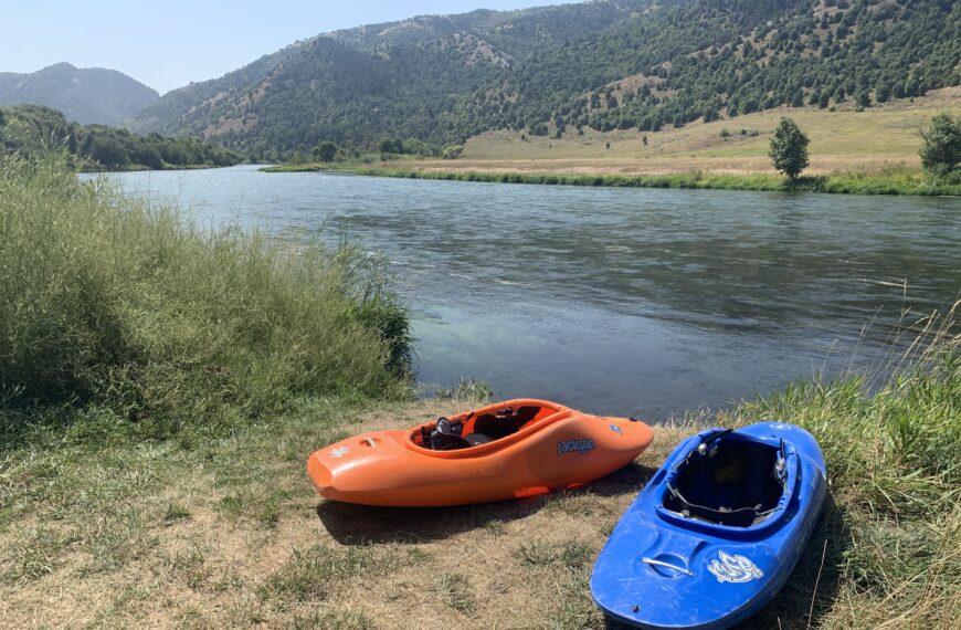 Kayaks on the shore of the Bear River