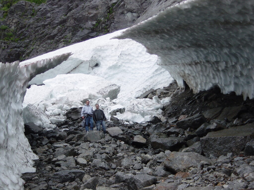 Hikers in ice cave